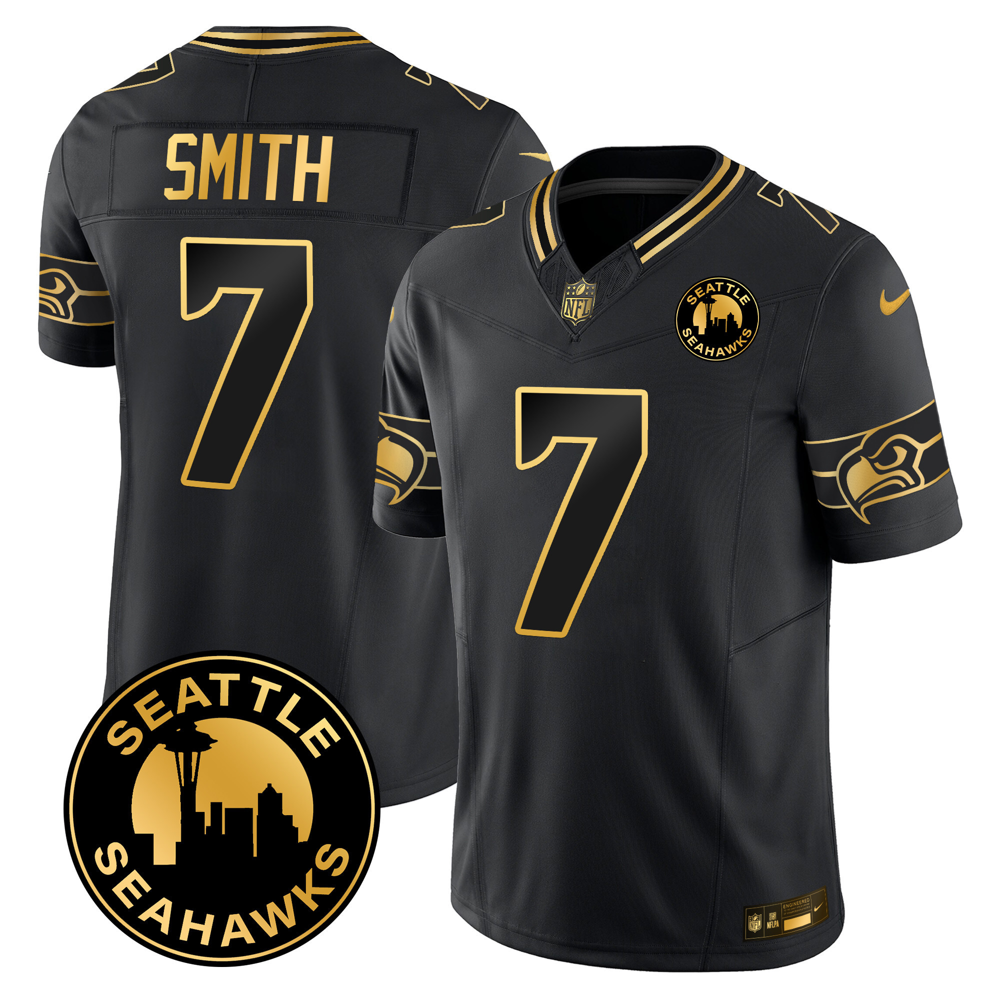 Men's Geno Smith Seattle Seahawks 2024 Seattle City Patch Gold Vapor Limited Black Gold Jersey - All Stitched