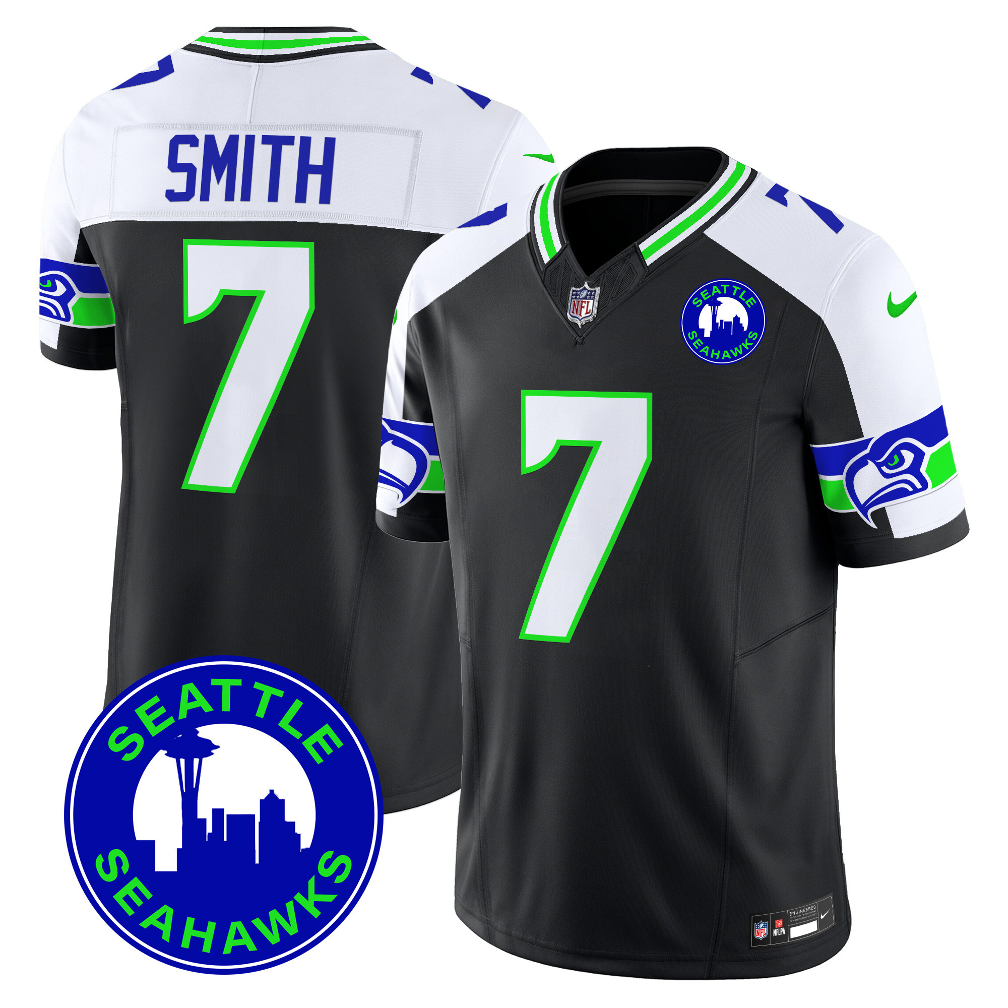 Men's Geno Smith Seattle Seahawks 2024 Seattle City Patch Vapor Limited Black Alternate Jersey - All Stitched