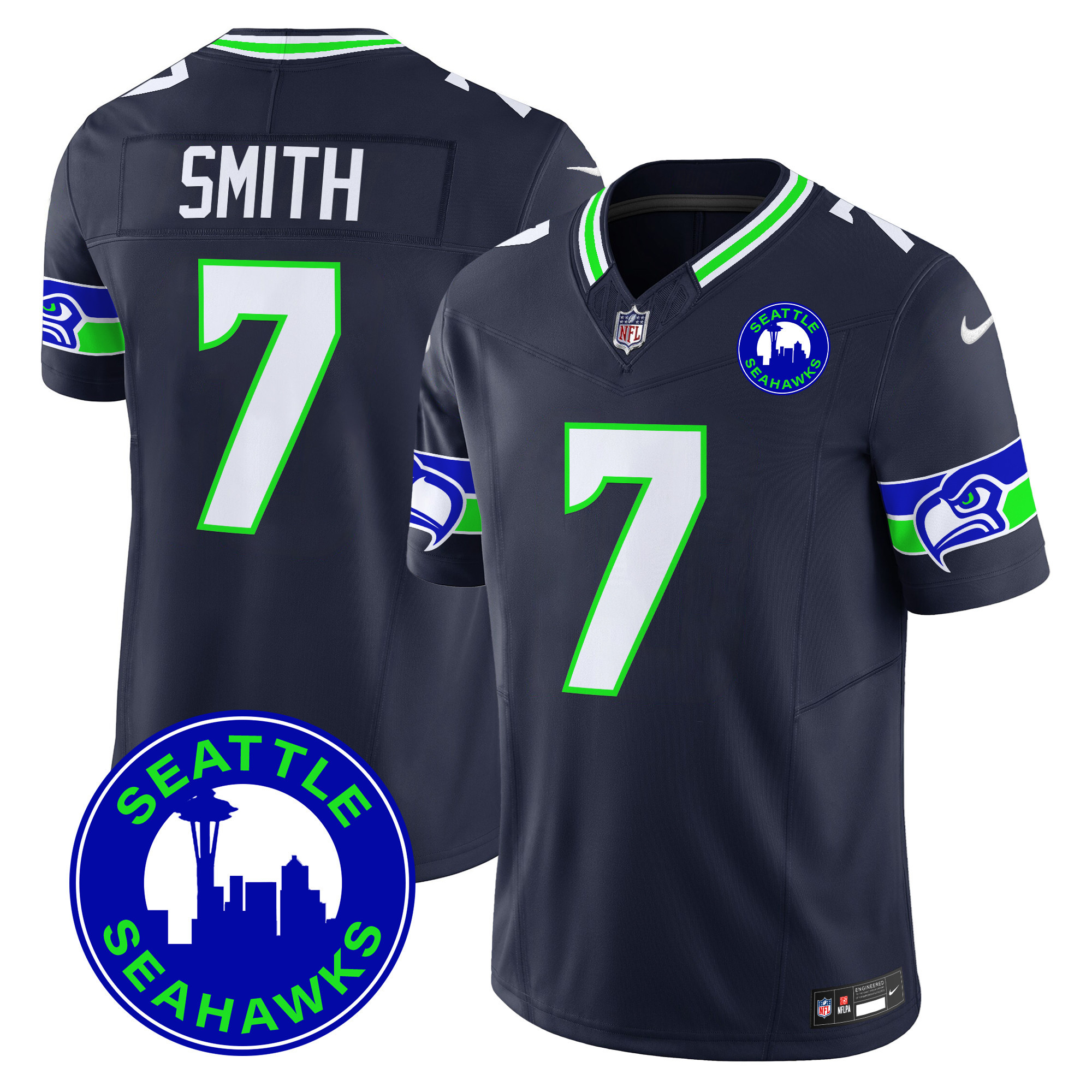Men's Geno Smith Seattle Seahawks 2024 Seattle City Patch Vapor Limited Navy Jersey - All Stitched