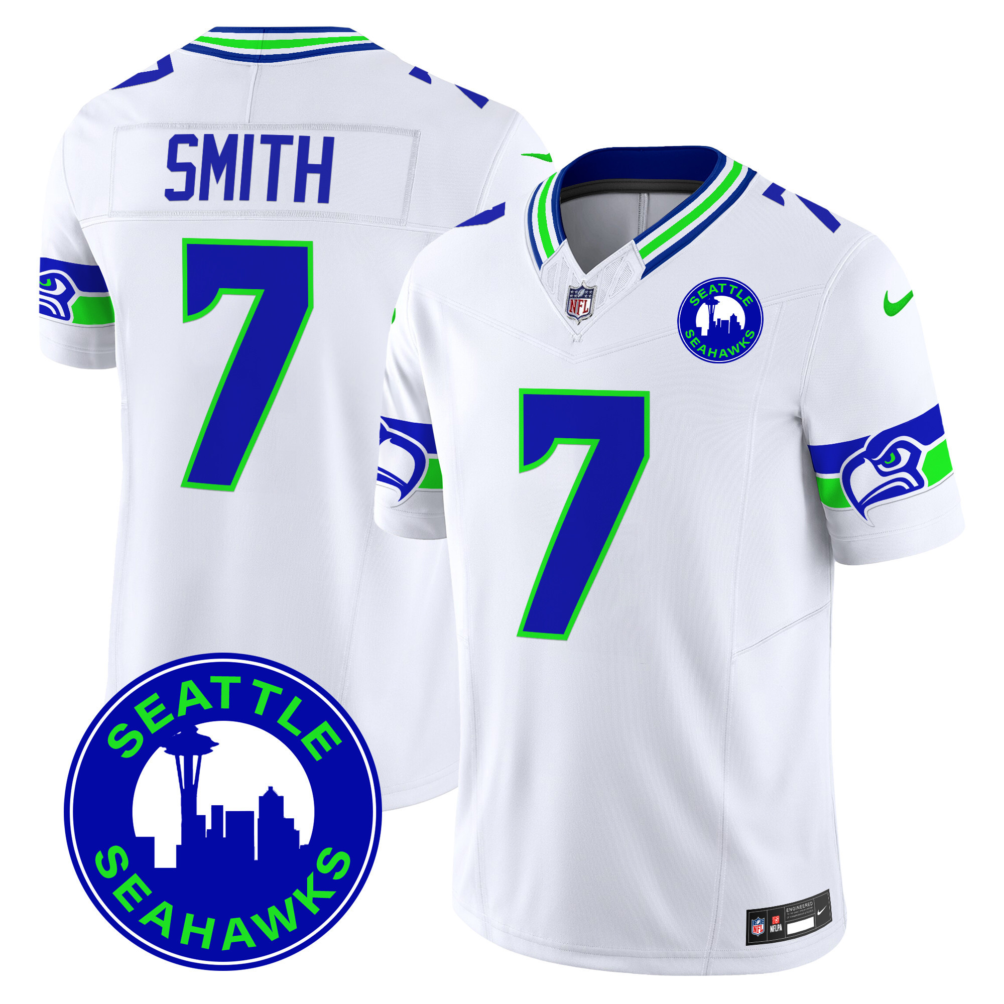 Men's Geno Smith Seattle Seahawks 2024 Seattle City Patch Vapor Limited White Jersey - All Stitched