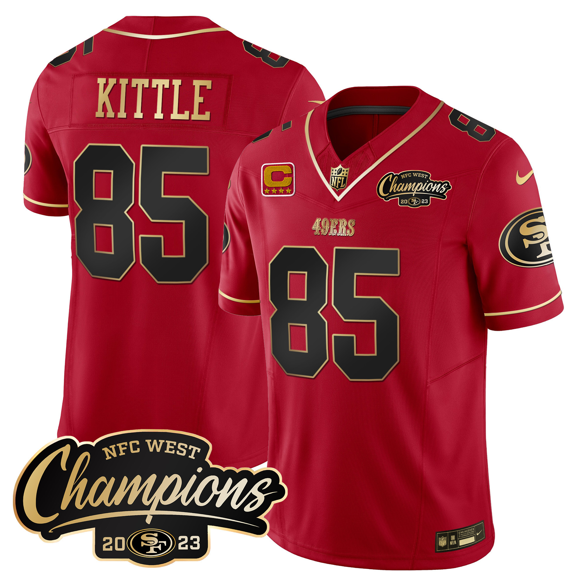 Men's George Kittle San Francisco 49ers 2023 NFC West Champions Patch Vapor Scarlet Limited Jersey - All Stitched