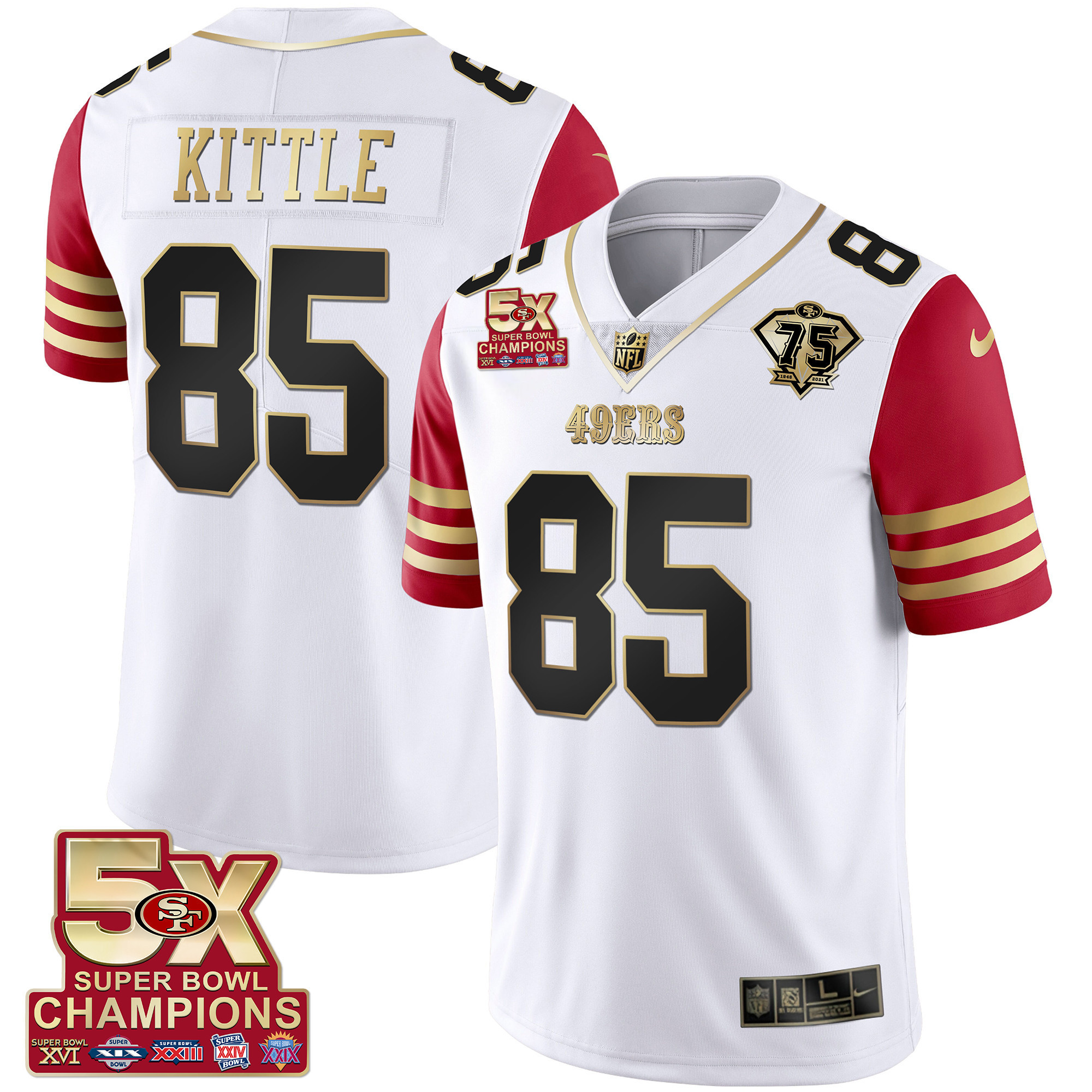Men's George Kittle San Francisco 49ers 5x Super Bowl Patch Black Red Vapor Red Sleeve Jersey - Stitched