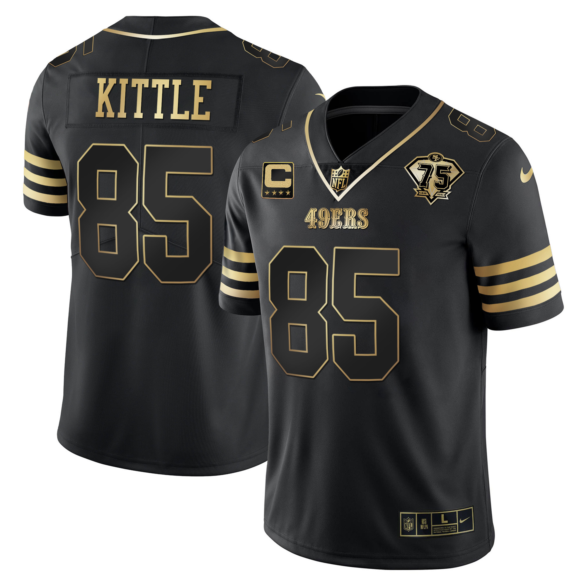 Men's George Kittle San Francisco 49ers 75th Anniversary Patch Vapor Gold Black Gold Jersey - All Stitched