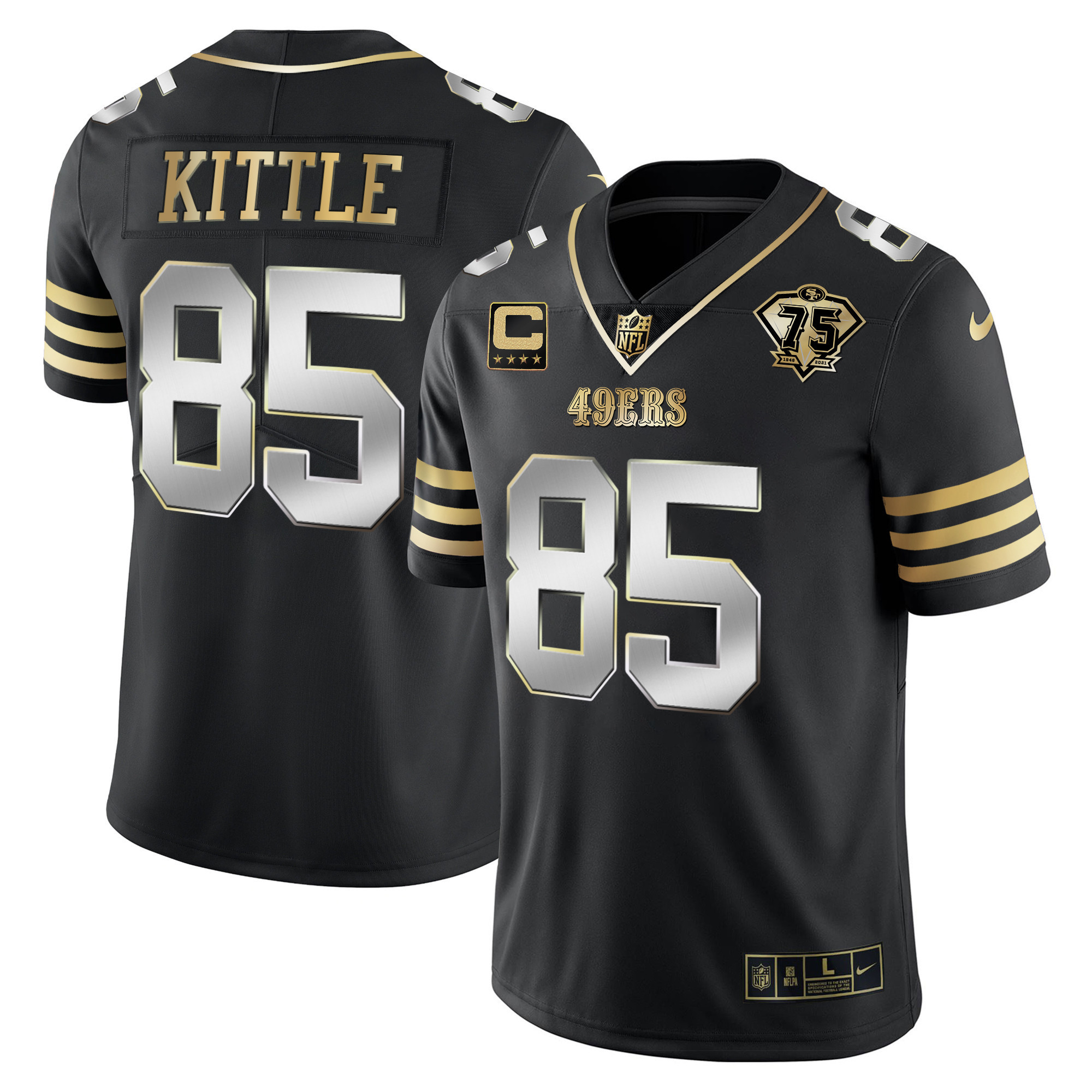 Men's George Kittle San Francisco 49ers 75th Anniversary Patch Vapor Gold Black Limited Jersey - All Stitched