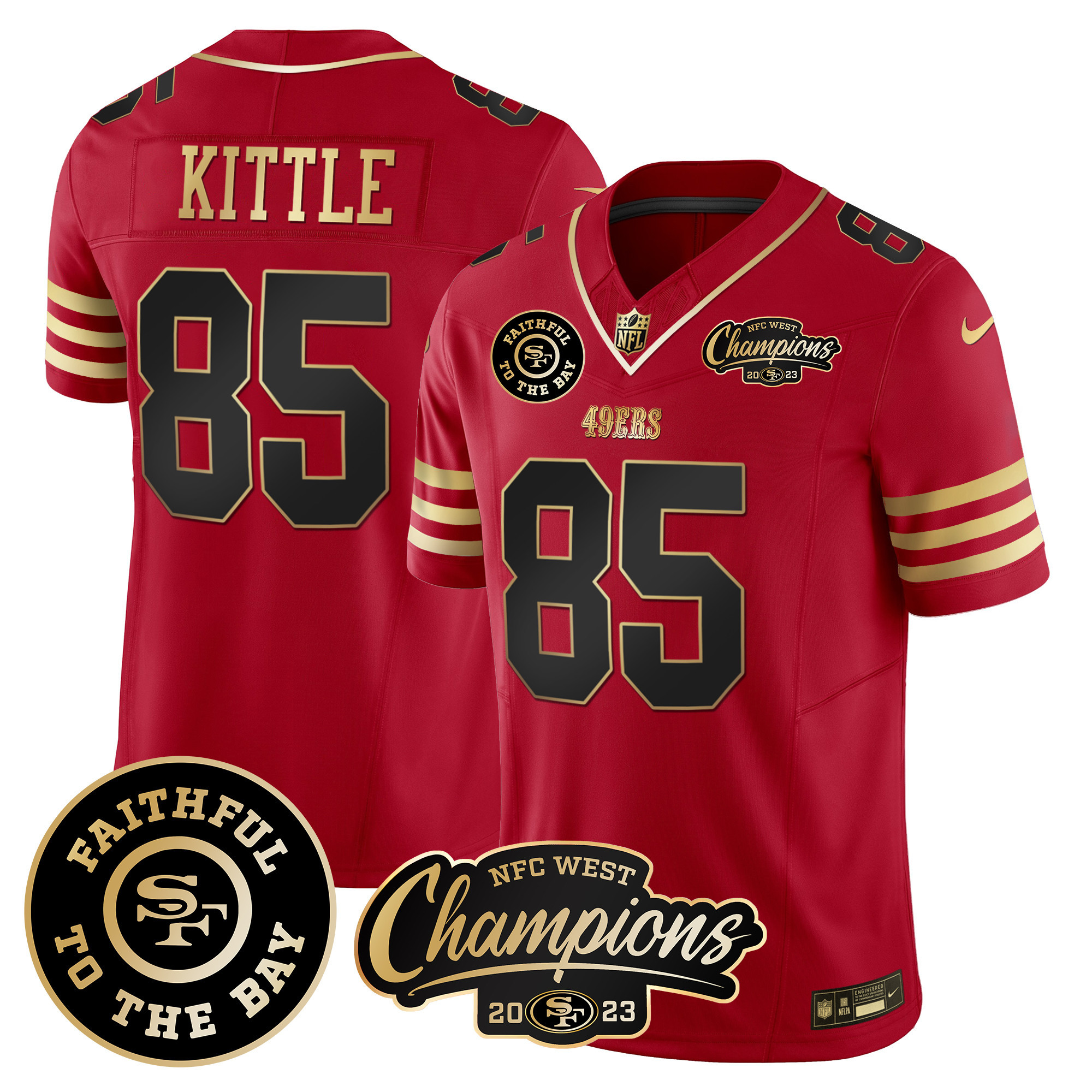 Men's George Kittle San Francisco 49ers Faithful & 2023 NFC West Champions Patch Vapor Black Scarlet Jersey - All Stitched