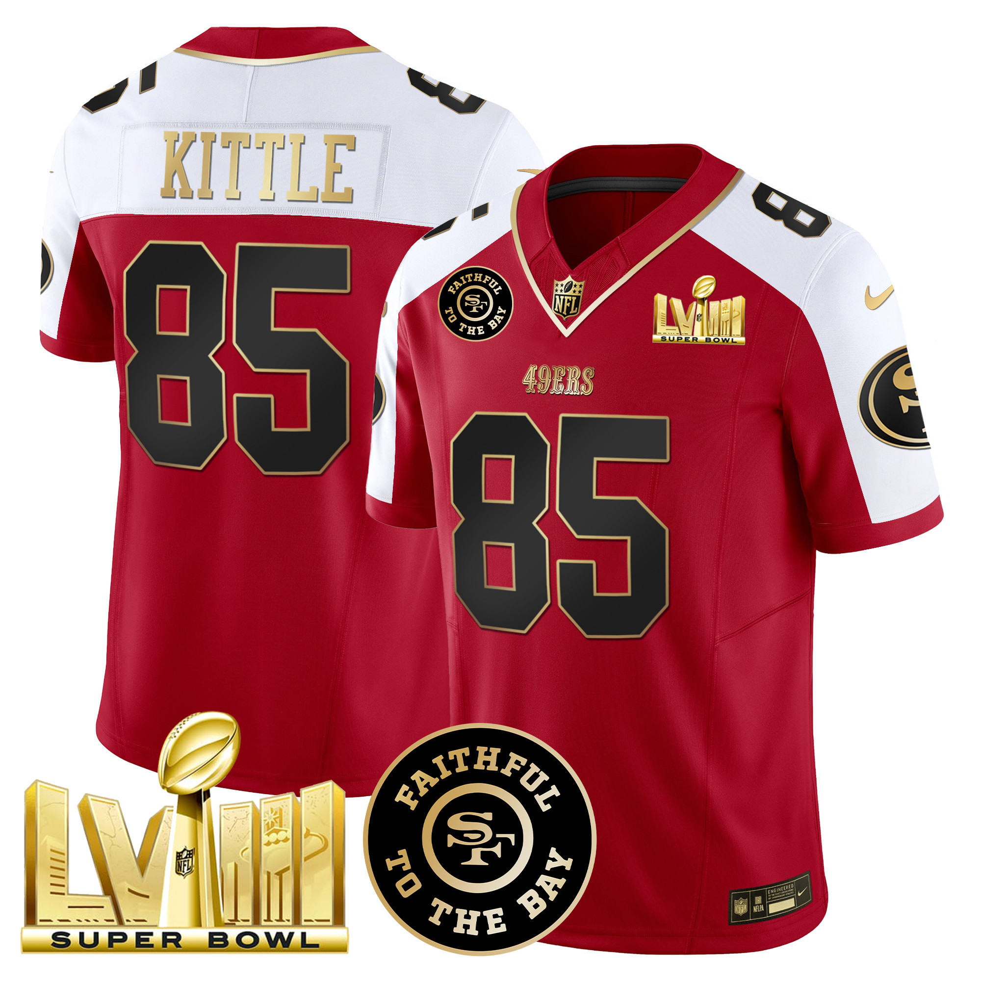Men's George Kittle San Francisco 49ers Faithful & Super Bowl LVIII Gold Patch Vapor Alternate Jersey - All Stitched