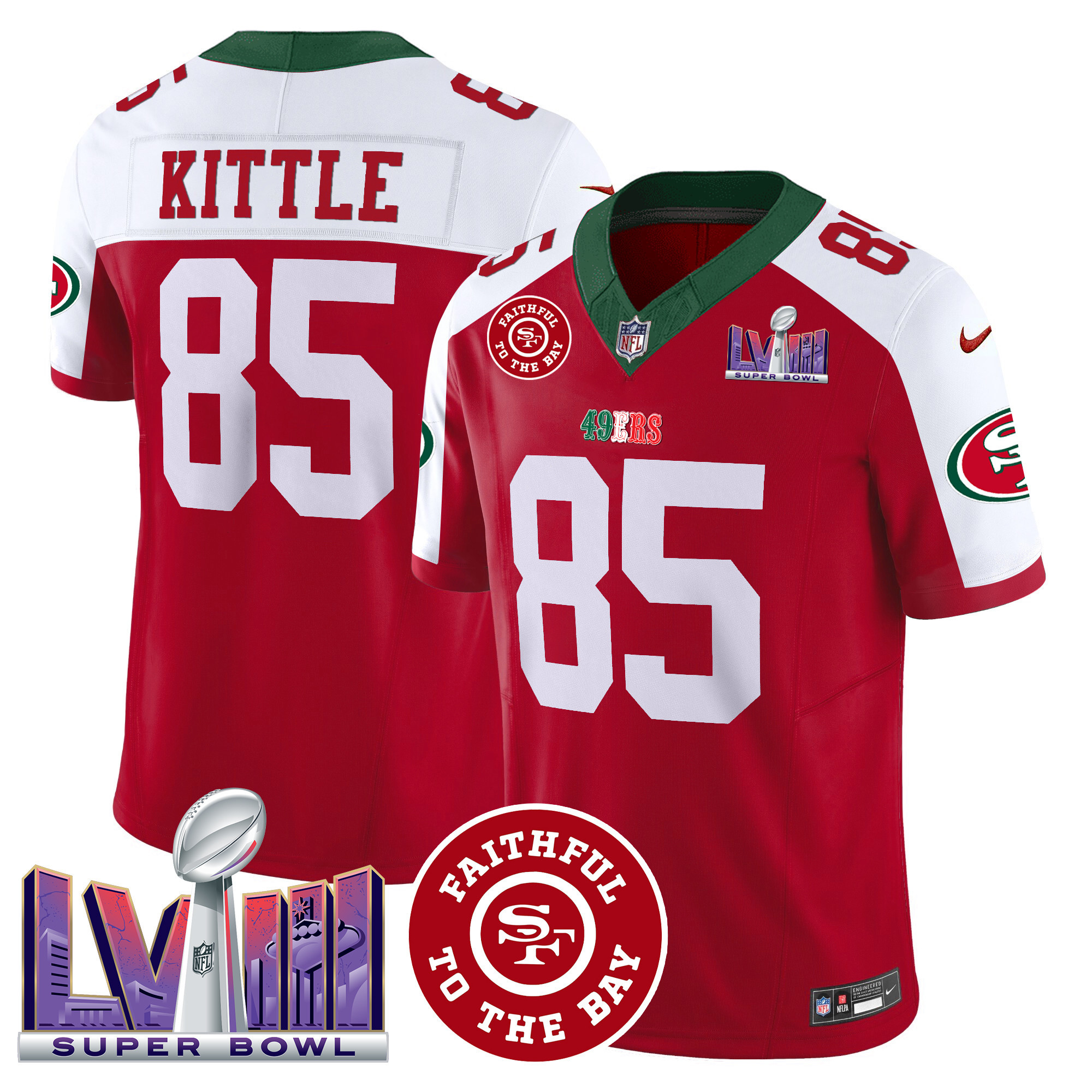 Men's George Kittle San Francisco 49ers Mexico Faithful & Super Bowl LVIII Patch Vapor Red Alternate Jersey - All Stitched