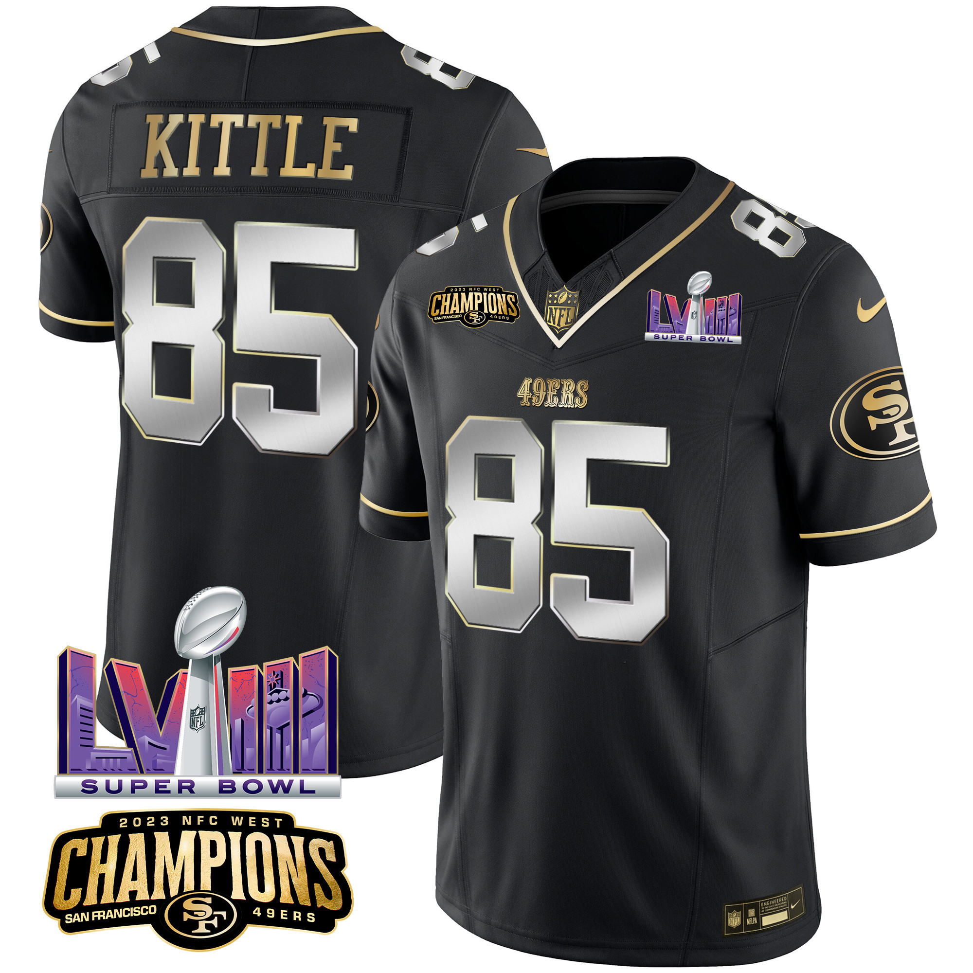 Men's George Kittle San Francisco 49ers NFC West Champions & Super Bowl LVIII Patch Vapor Black Limited Jersey - All Stitched