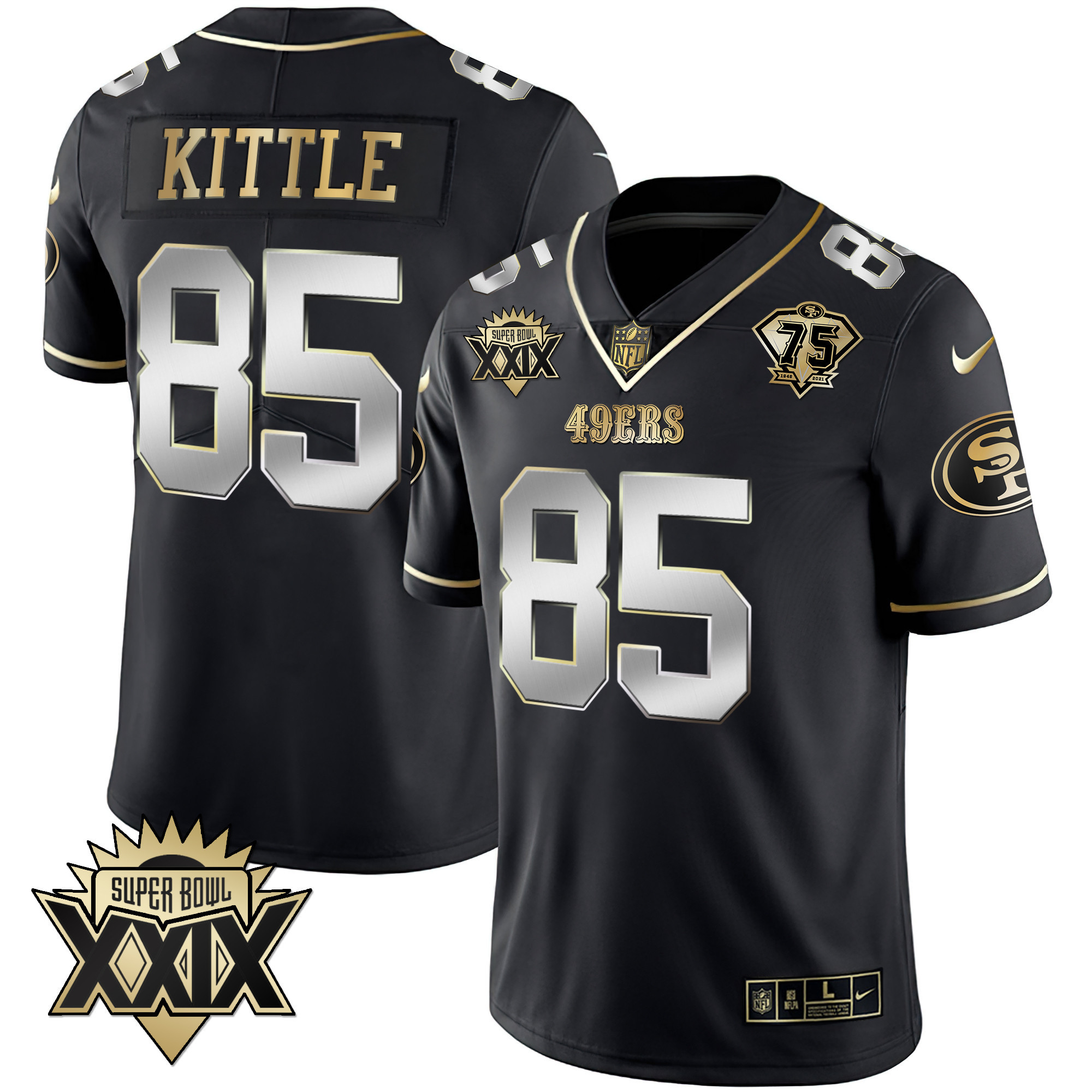 Men's George Kittle San Francisco 49ers Super Bowl XXIX Patch Black Red Gold Black Limited Jersey - All Stitched