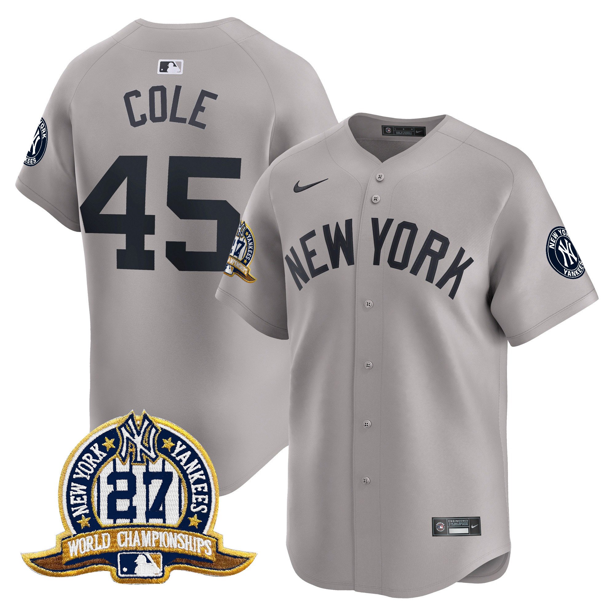 Men's Gerrit Cole New York Yankees 27 Time Champions Patch Vapor Premier Limited Gray Jersey - All Stitched