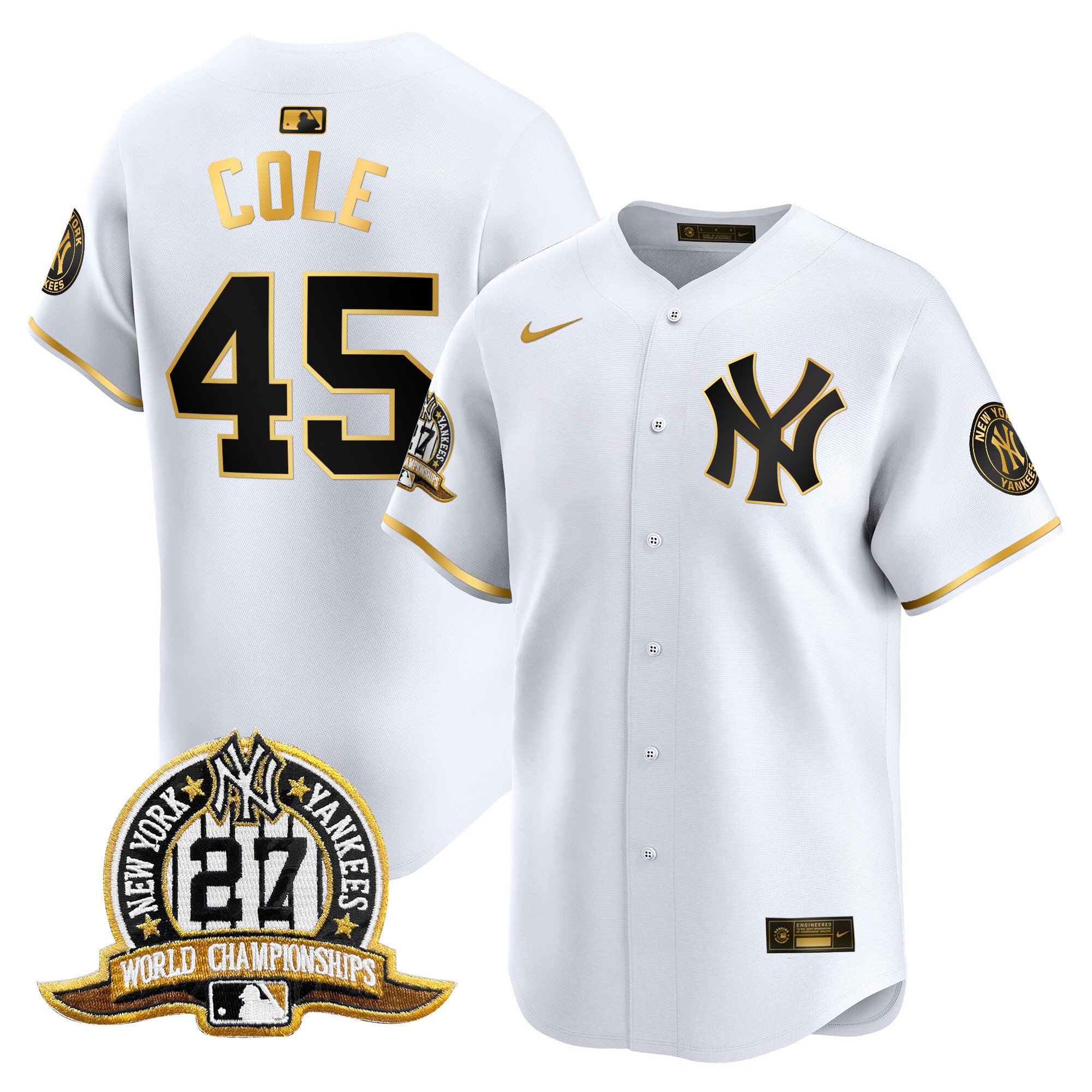 Men's Gerrit Cole New York Yankees 27 Time Champions Patch Vapor Premier Limited White Gold Jersey - All Stitched