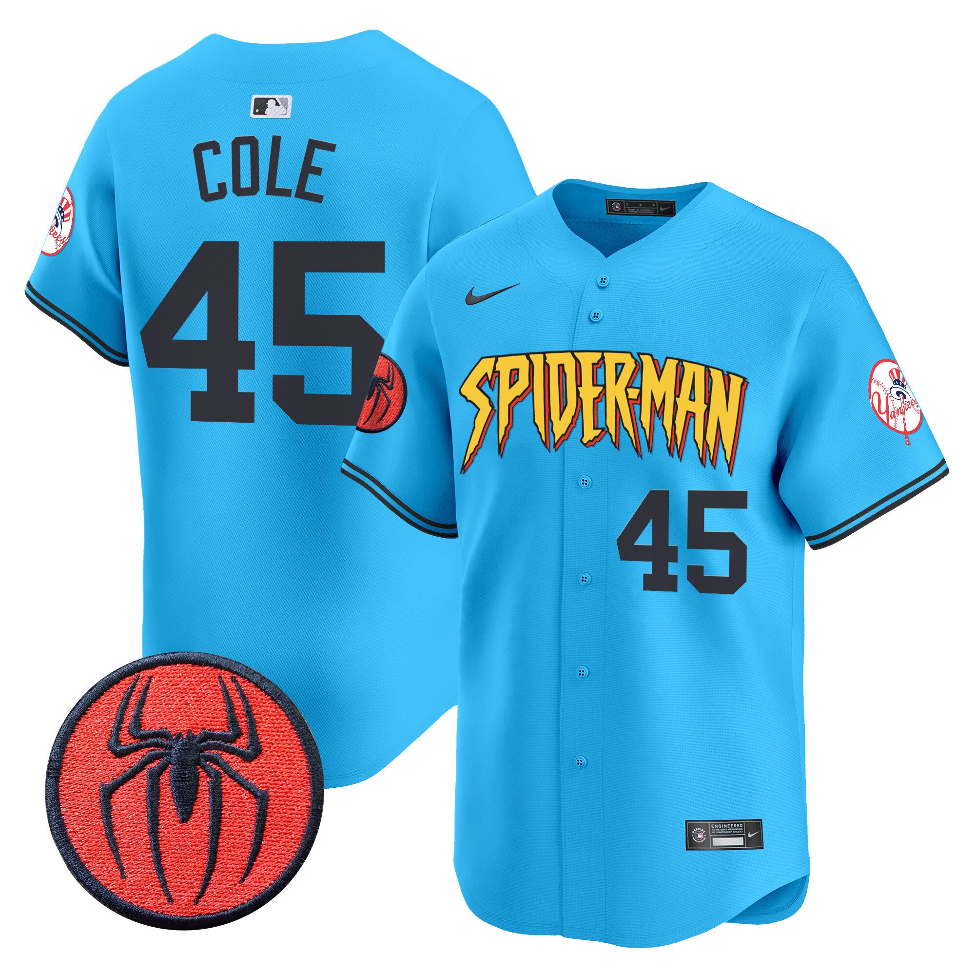 Men's Gerrit Cole New York Yankees Spider-Man Vapor Premier Limited Light Blue Jersey - All Stitched