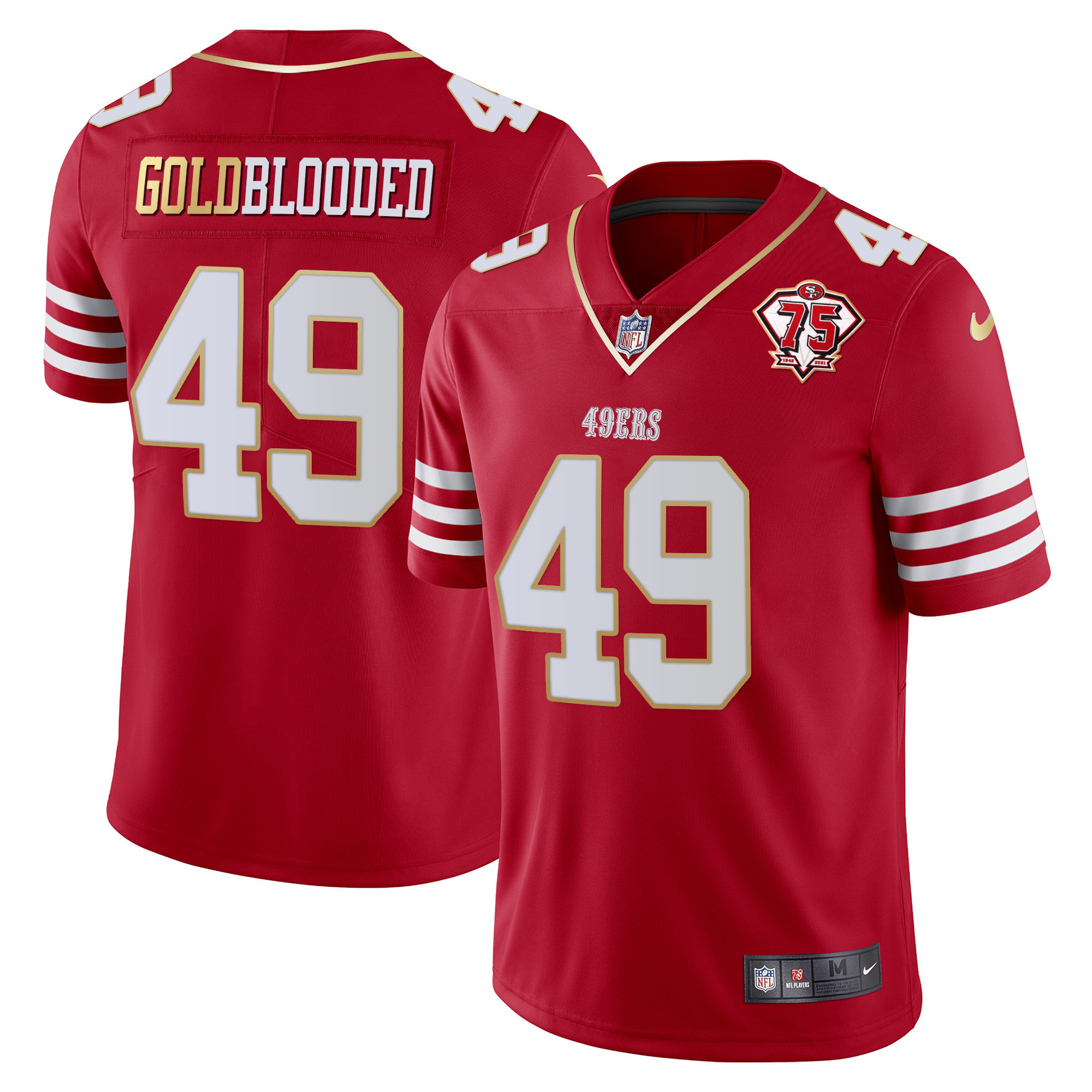 Men's Gold Blooded San Francisco 49ers 75th Anniversary Patch Vapor Gold Trim Red Gold Jersey - All Stitched