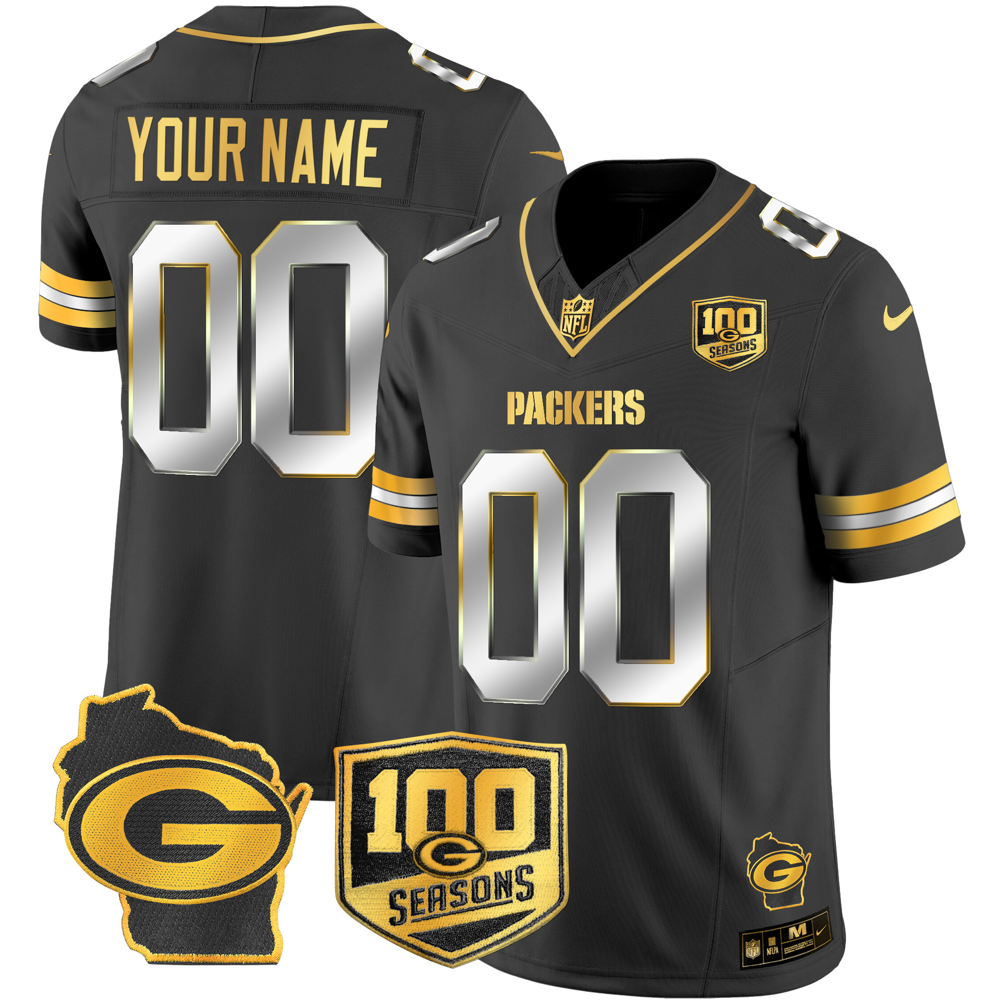 Men's Green Bay Packers 100th Season & Home Patch Gold Vapor Limited Custom Black Limited Jersey â€“ All Stitched