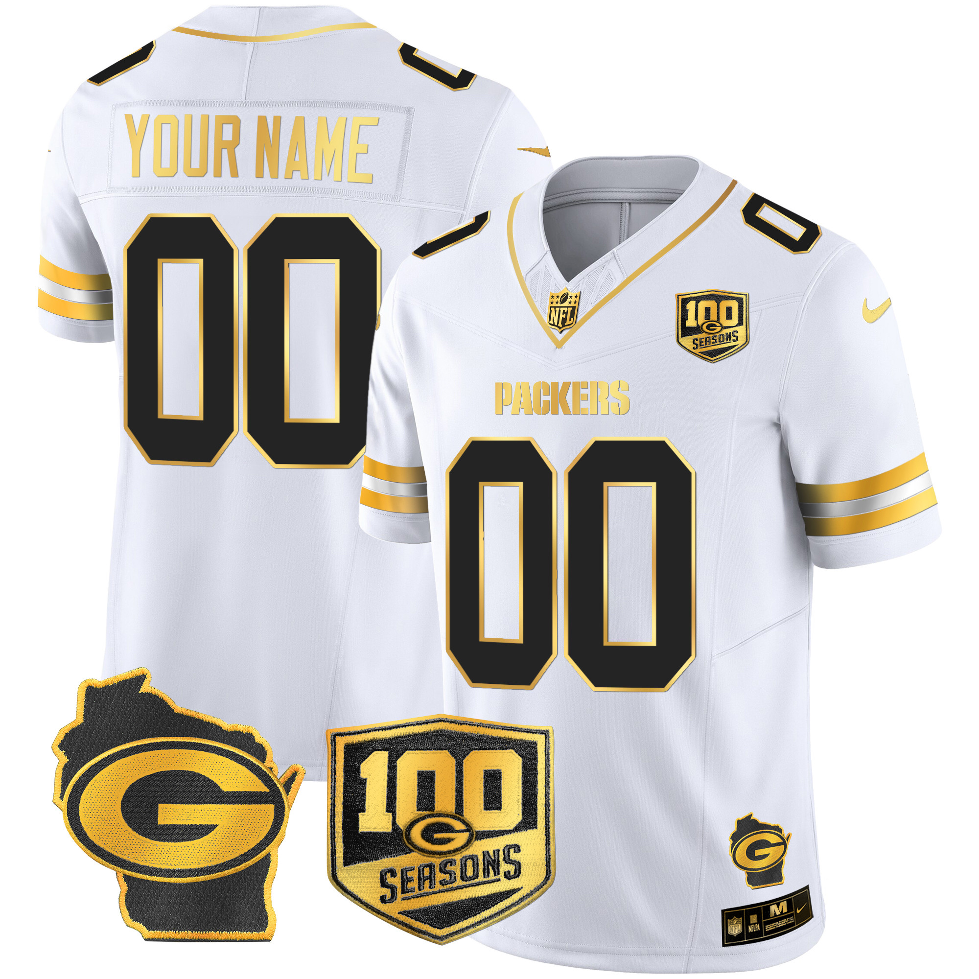 Men's Green Bay Packers 100th Season & Home Patch Gold Vapor Limited Custom White Gold Jersey â€“ All Stitched