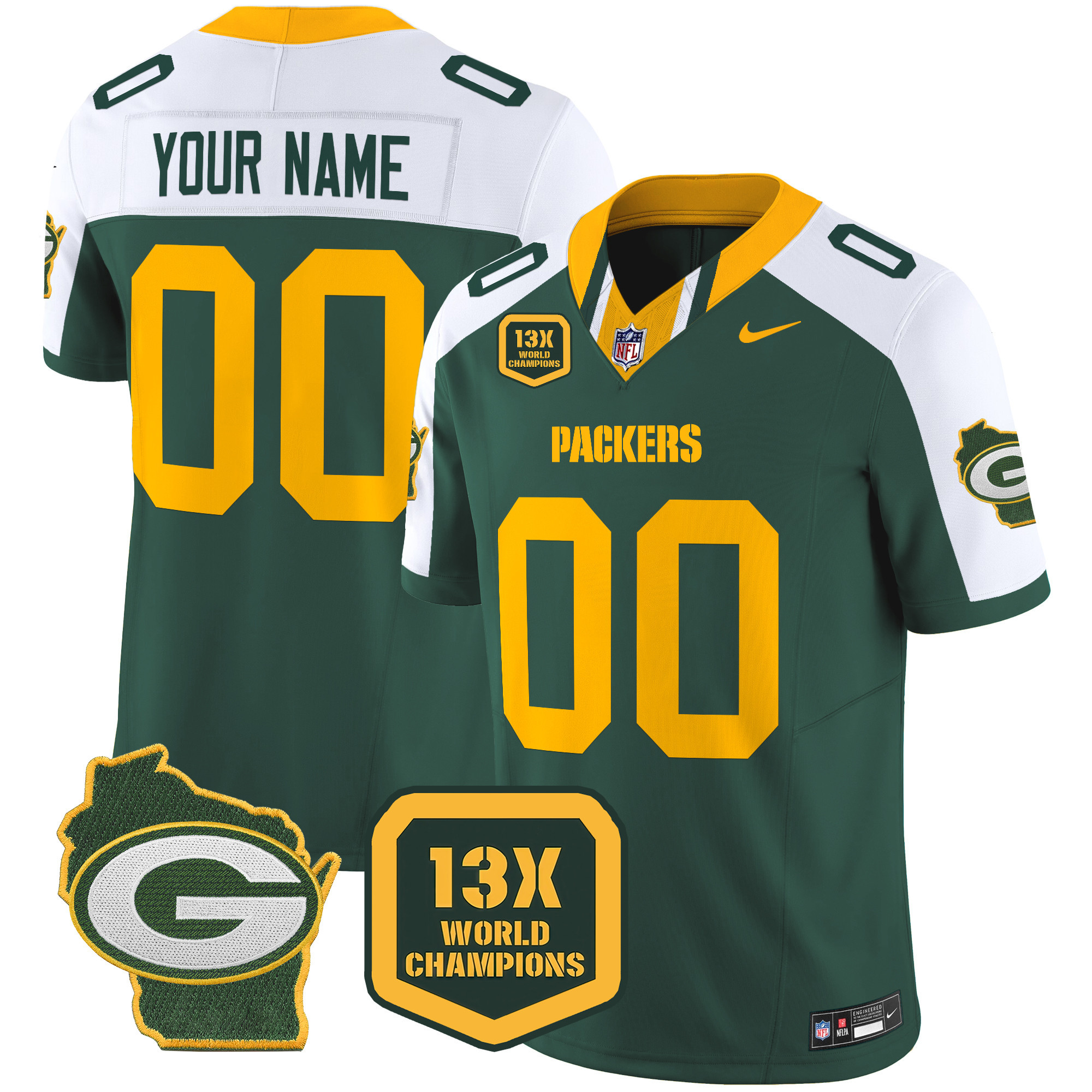 Men's Green Bay Packers 13 Time World Champions & Home Patch Vapor Limited Custom Alternate Jersey â€“ All Stitched