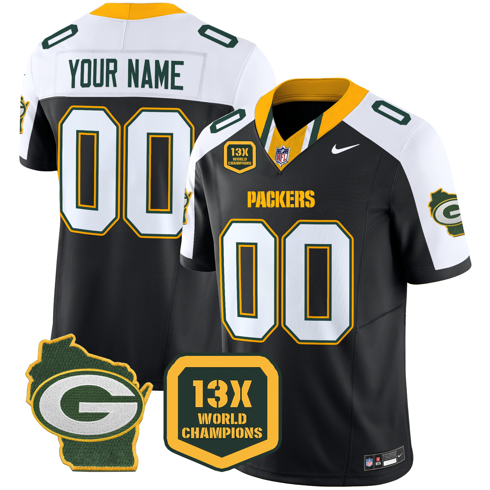 Men's Green Bay Packers 13 Time World Champions & Home Patch Vapor Limited Custom Black Alternate Jersey â€“ All Stitched