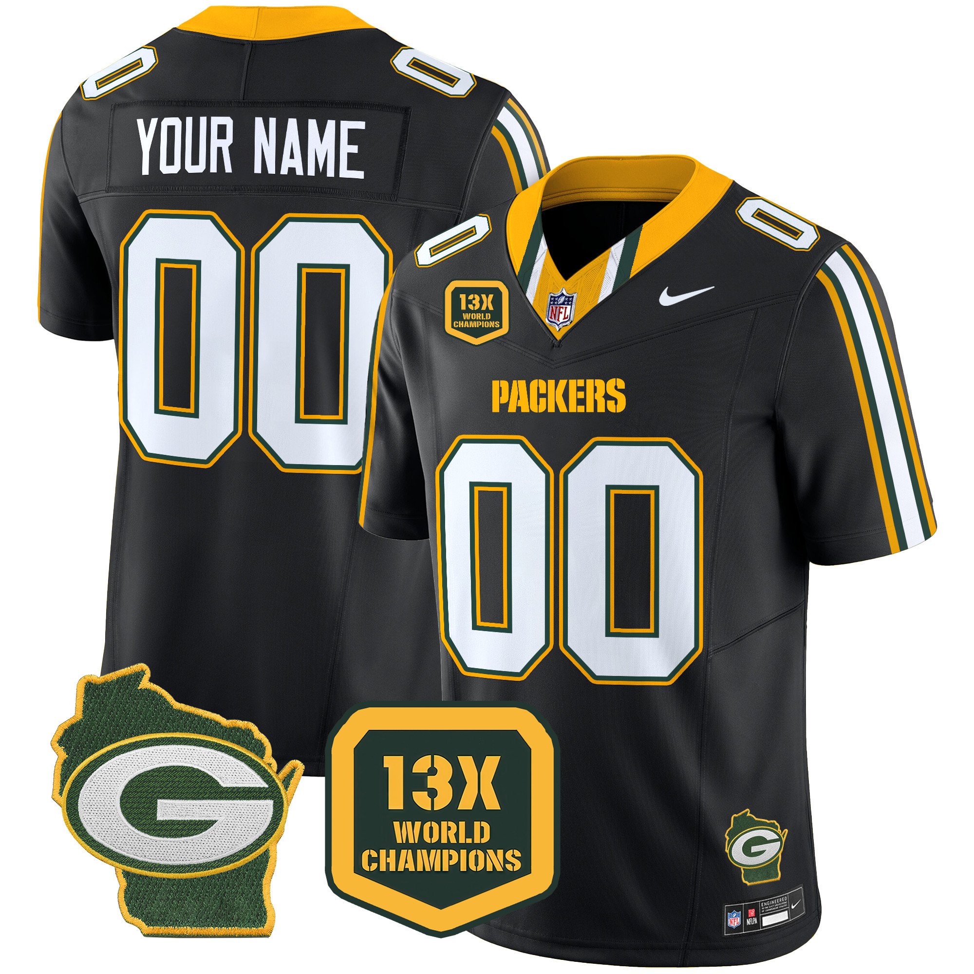 Men's Green Bay Packers 13 Time World Champions & Home Patch Vapor Limited Custom Black Jersey â€“ All Stitched