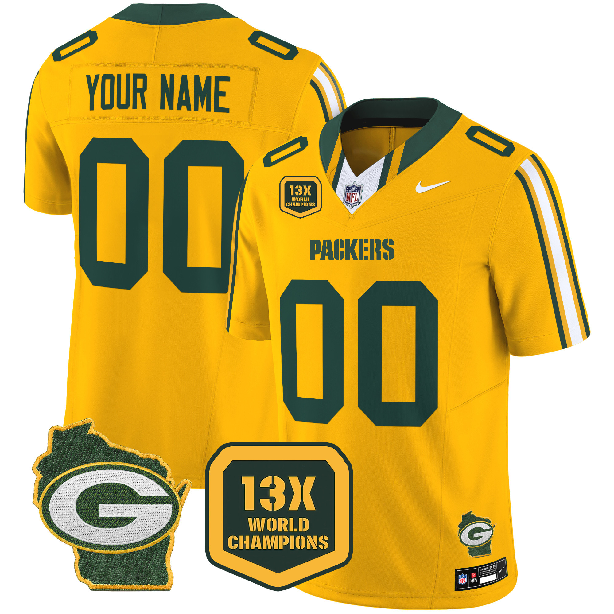 Men's Green Bay Packers 13 Time World Champions & Home Patch Vapor Limited Custom Gold Jersey â€“ All Stitched