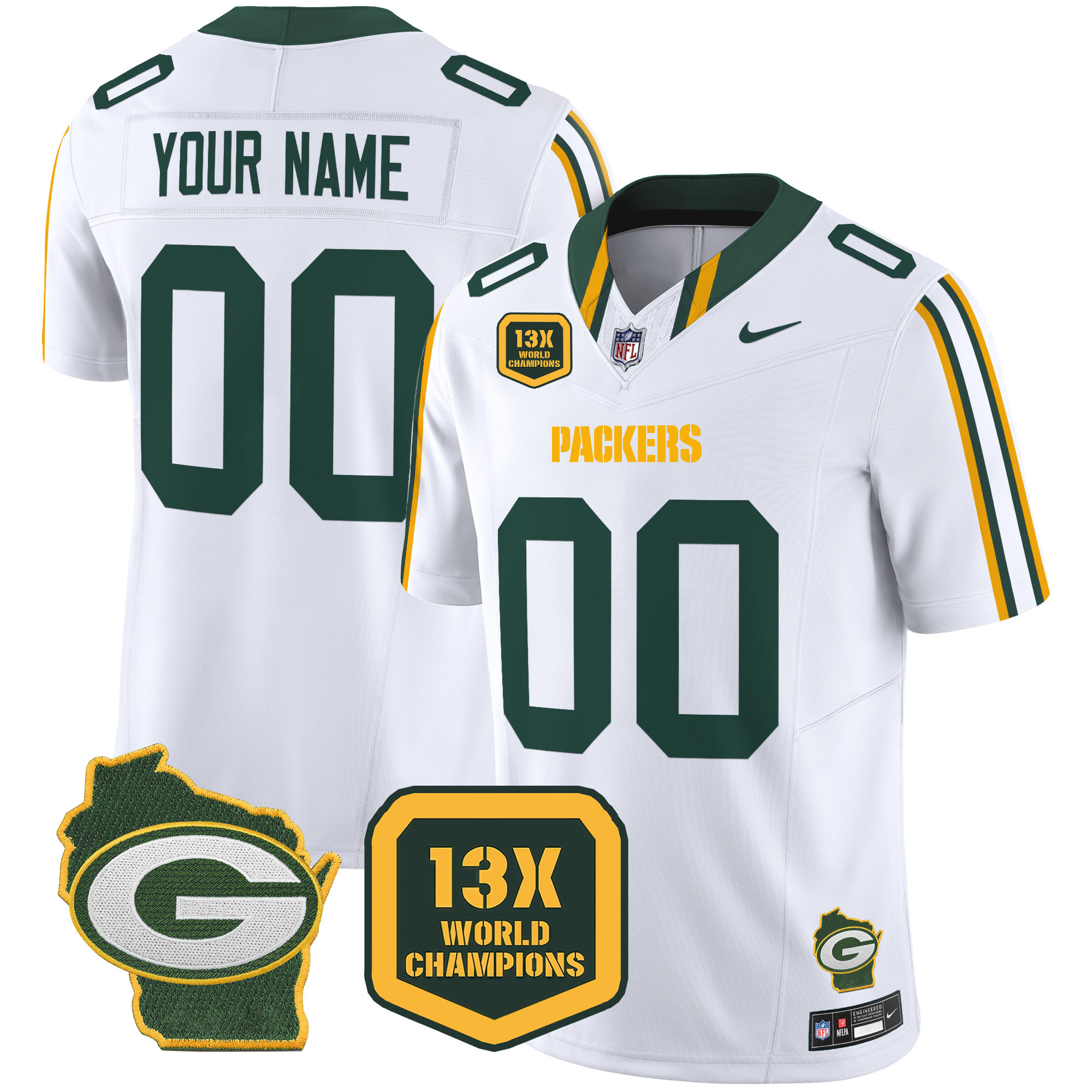 Men's Green Bay Packers 13 Time World Champions & Home Patch Vapor Limited Custom White Jersey â€“ All Stitched
