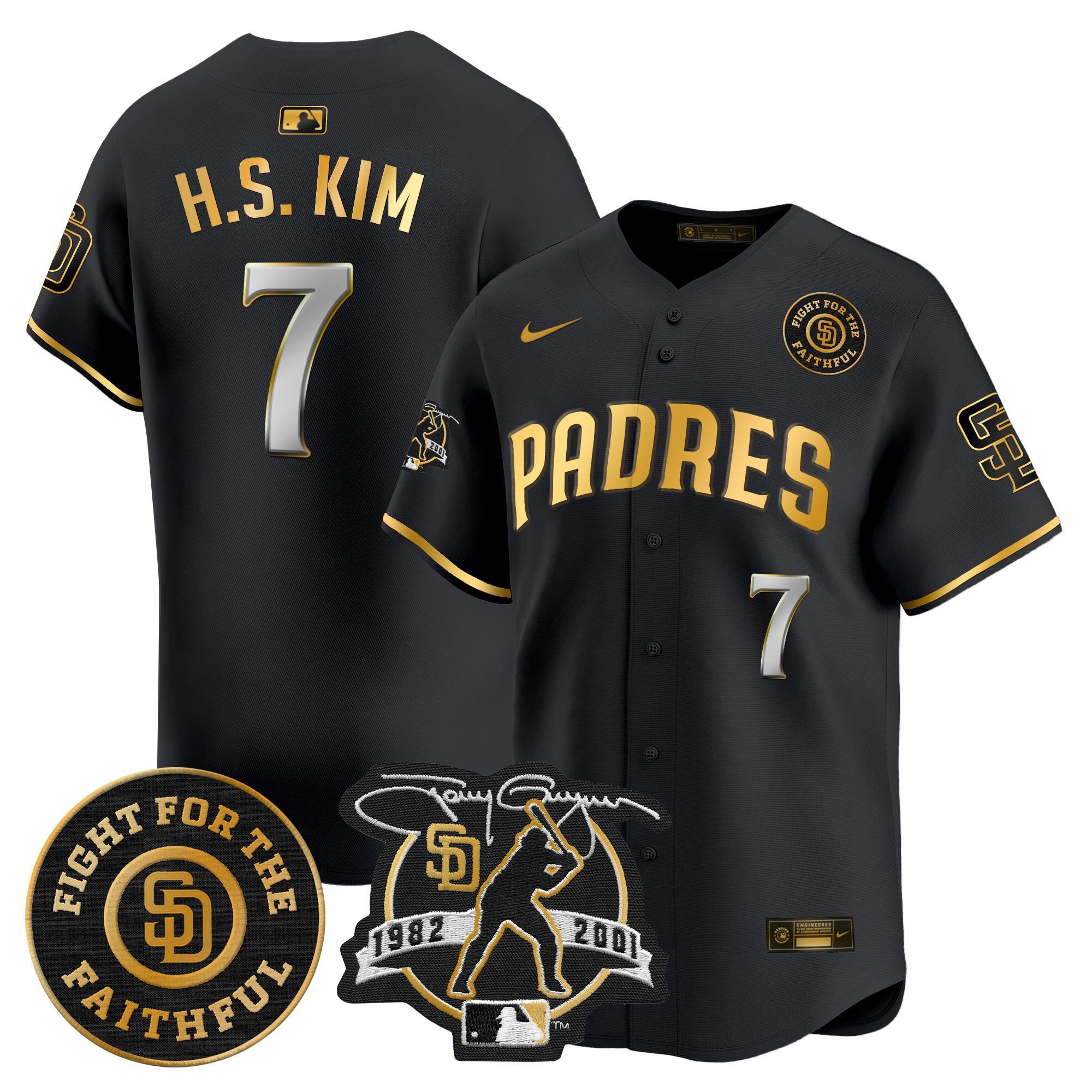 Men's Ha-Seong Kim San Diego Padres Tony Gwynn & Faithful Patch Vapor Premier Limited Black Gold Jersey Ã± All Stitched
