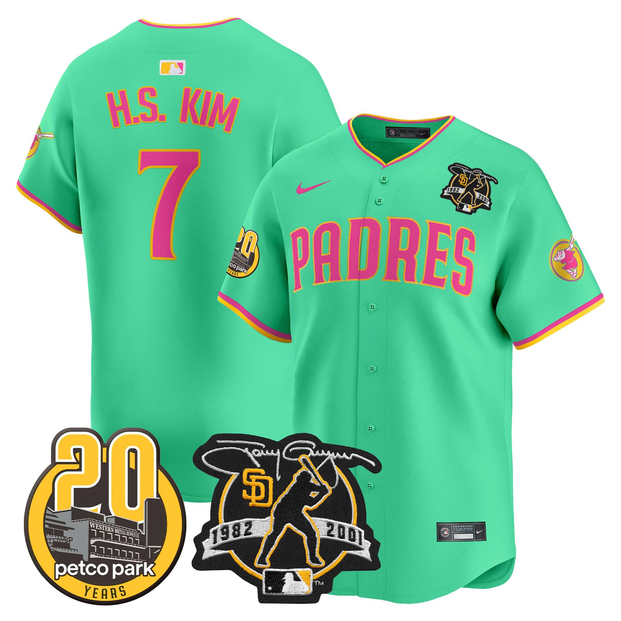 Men's Ha-Seong Kim San Diego Padres Tony Gwynn & Petco Park 20th Patch Vapor Premier Limited Aqua Jersey V2 Ã± All Stitched