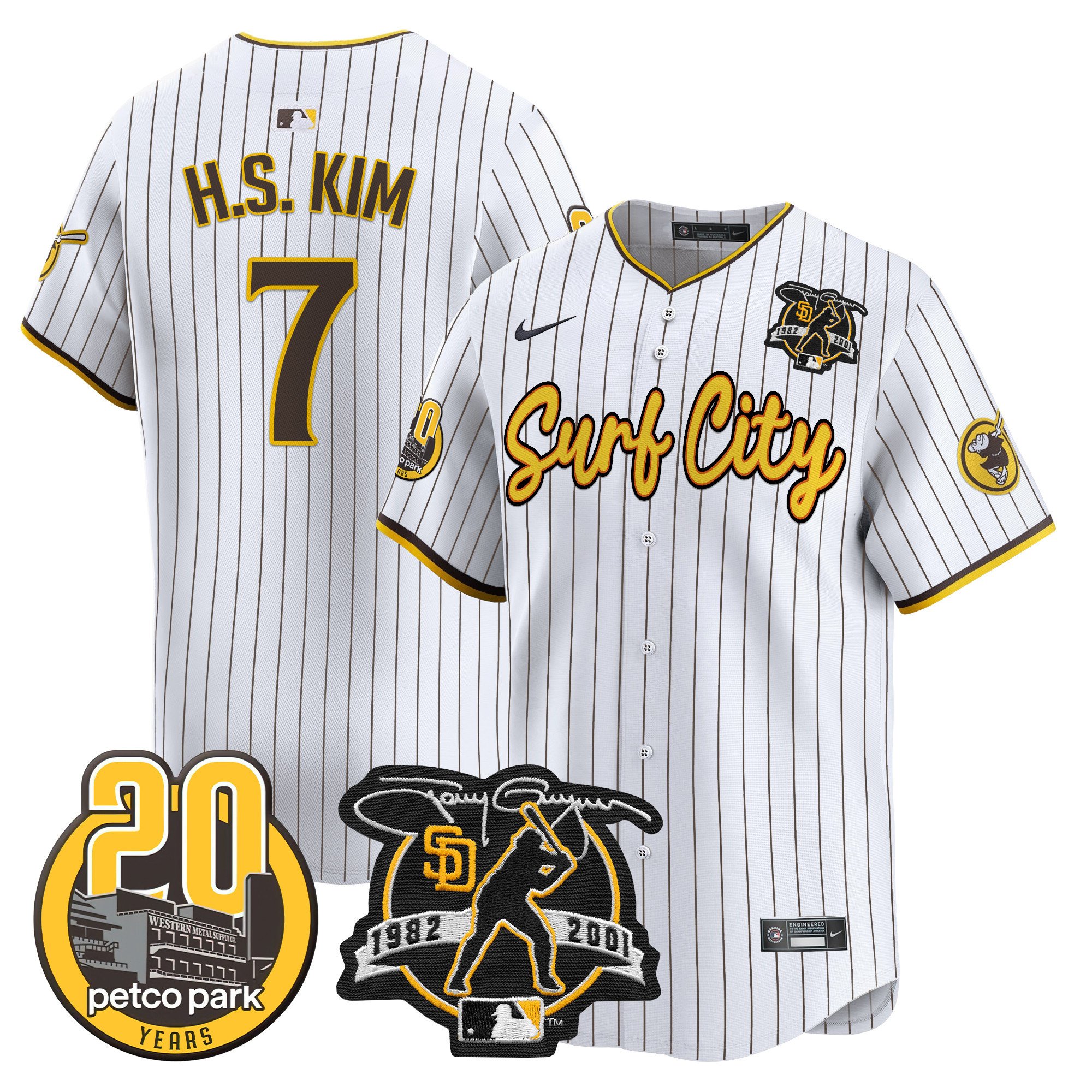 Men's Ha-Seong Kim San Diego Padres Tony Gwynn & Petco Park 20th Patch Vapor Premier Limited Pinstripe Jersey V3 Ã± All Stitched