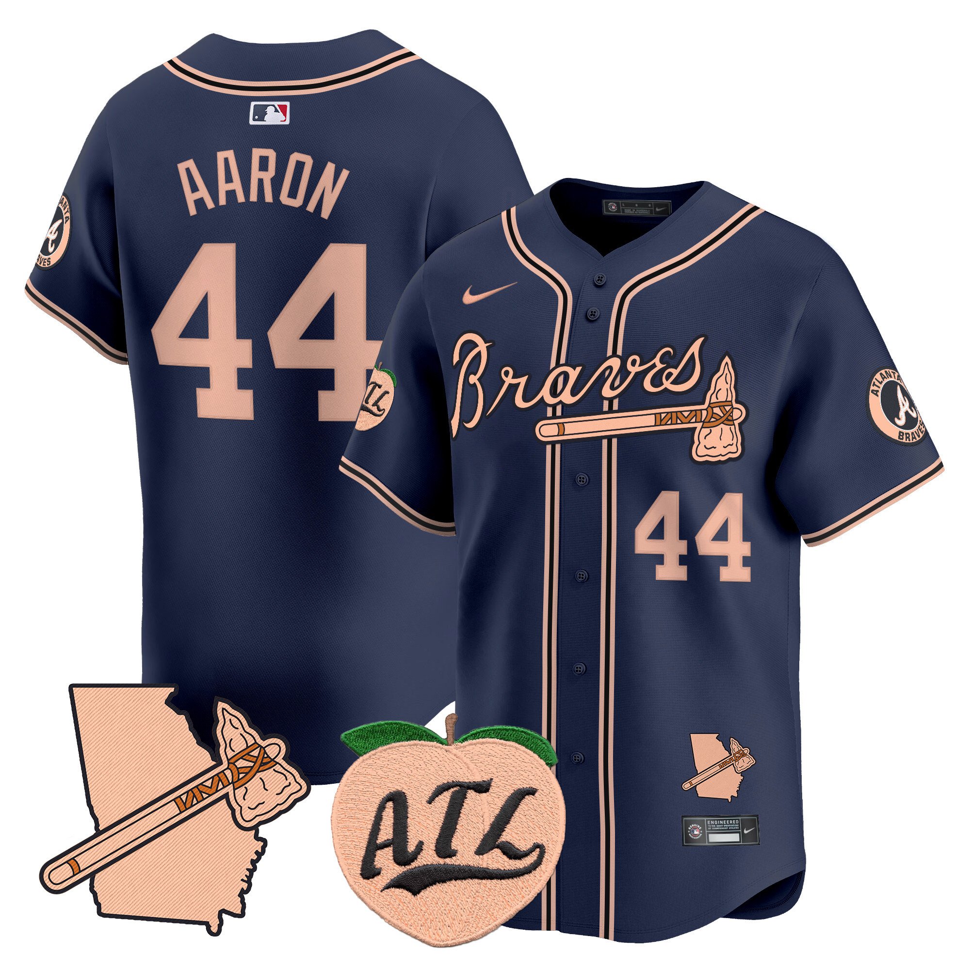 Men's Hank Aaron Atlanta Braves Peach Vapor Premier Limited Navy Jersey - All Stitched