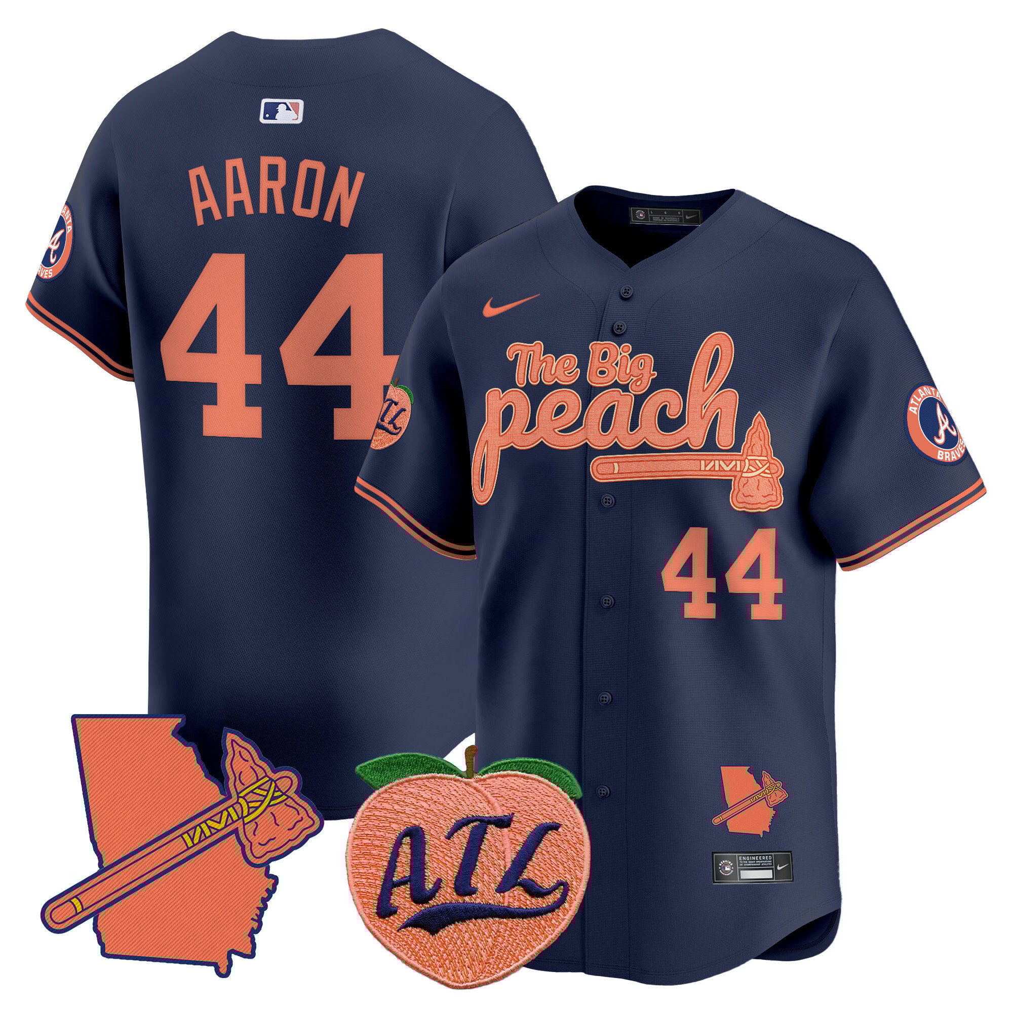 Men's Hank Aaron Atlanta Braves The Big Peach Vapor Premier Limited Navy Jersey V2 - All Stitched