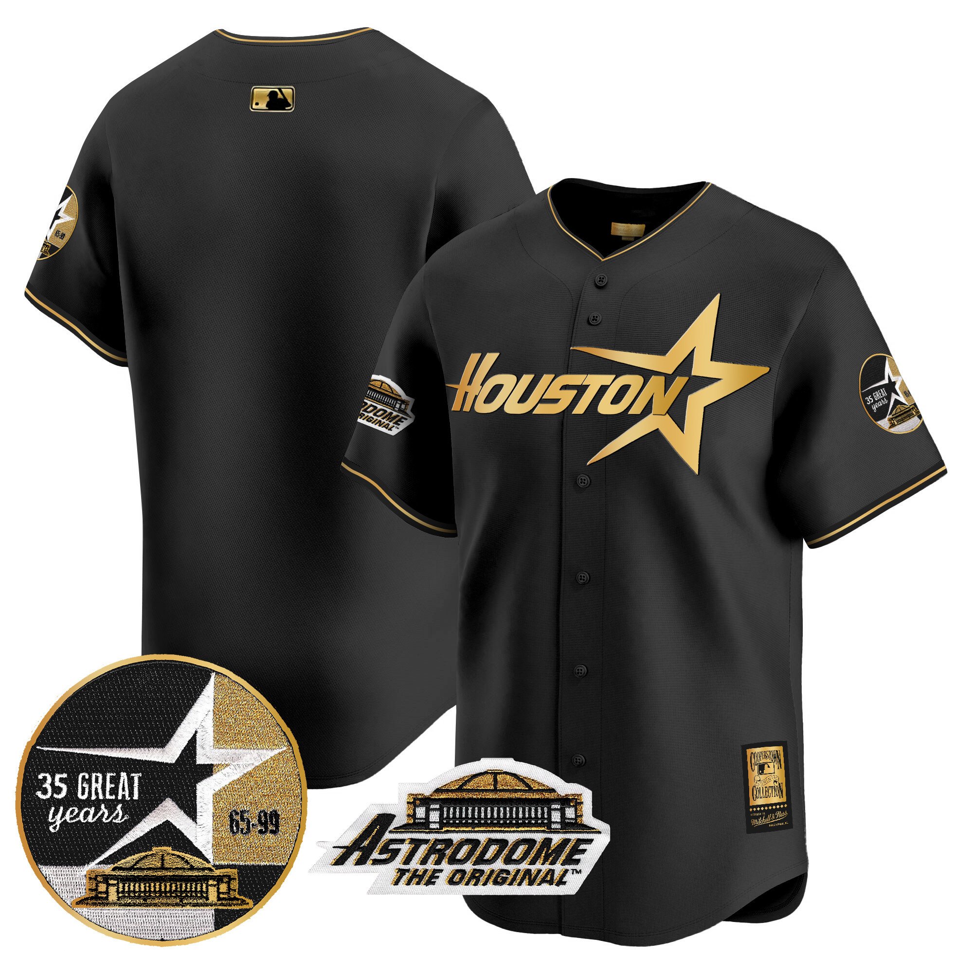 Men's Houston Astros 1999 Throwback 35th & Astrodome Patch Vapor Premier Limited Black Gold Jersey V2 - All Stitched