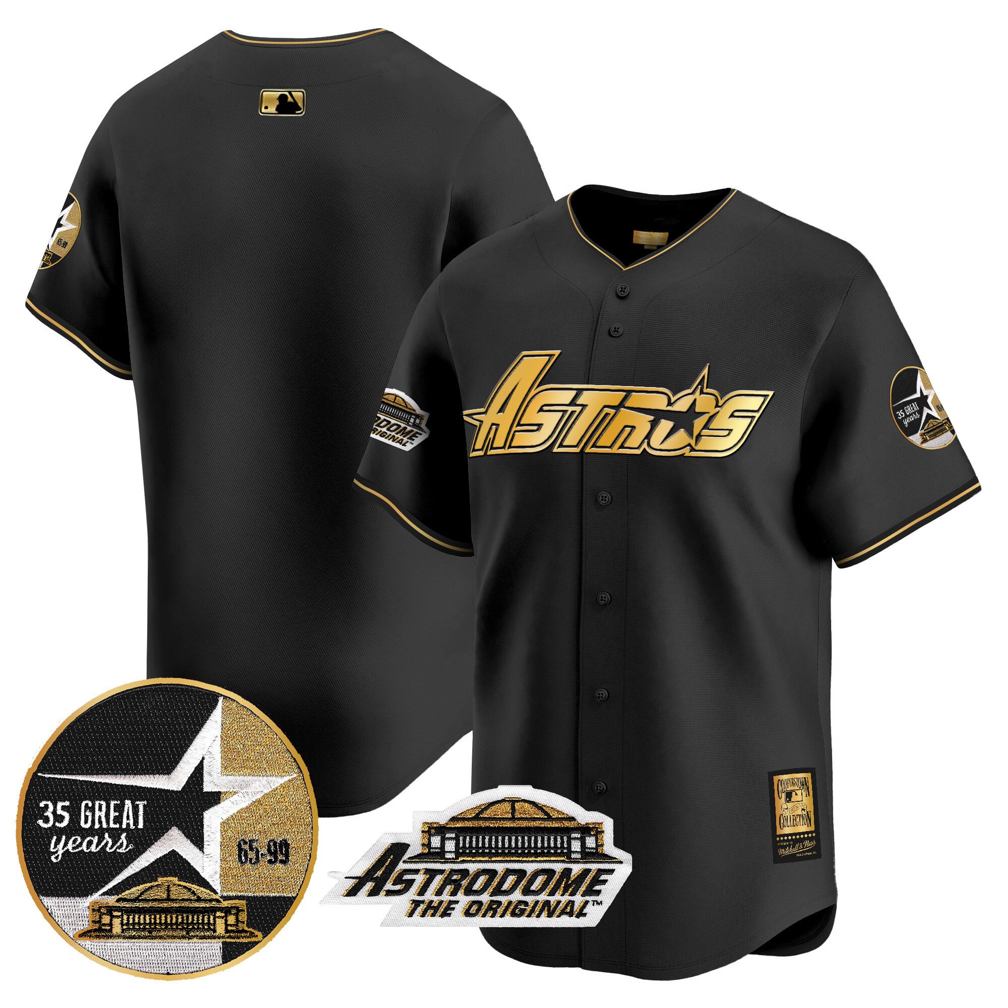 Men's Houston Astros 1999 Throwback 35th & Astrodome Patch Vapor Premier Limited Black Gold Jersey V3 - All Stitched