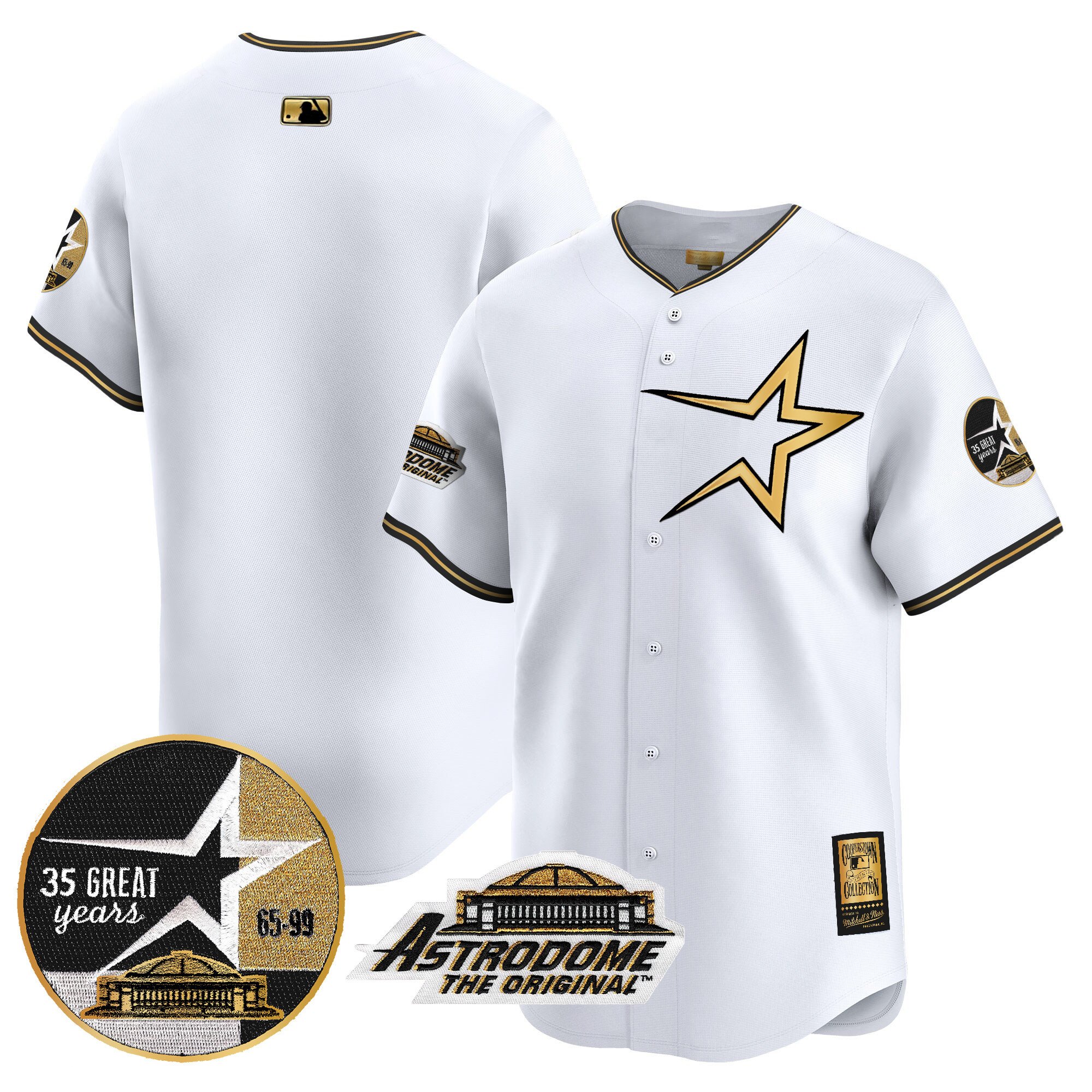 Men's Houston Astros 1999 Throwback 35th & Astrodome Patch Vapor Premier Limited White Gold Jersey - All Stitched