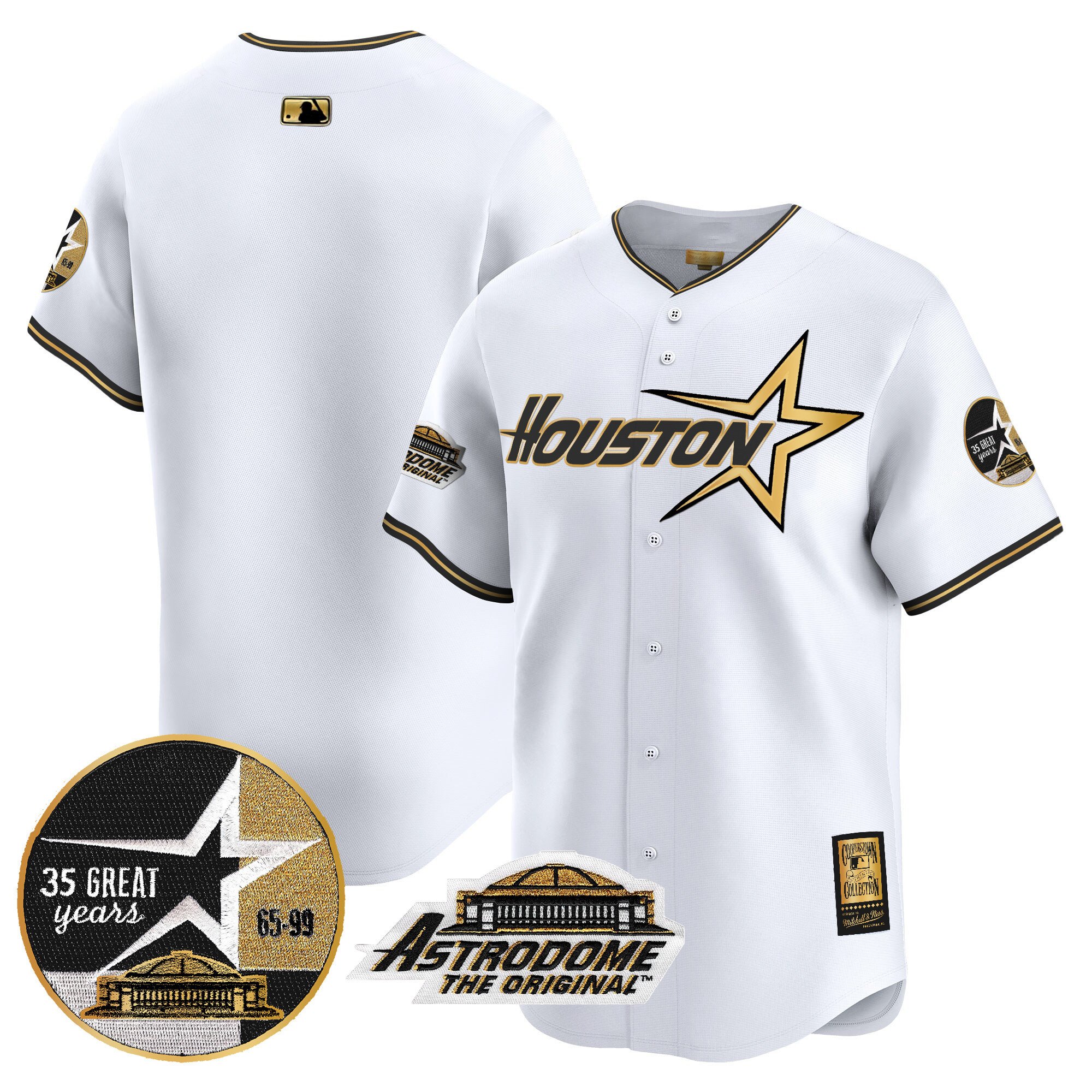 Men's Houston Astros 1999 Throwback 35th & Astrodome Patch Vapor Premier Limited White Gold Jersey V2 - All Stitched