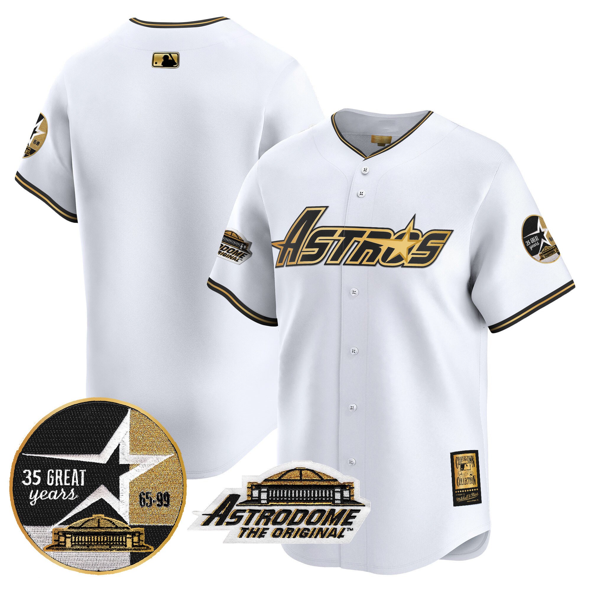 Men's Houston Astros 1999 Throwback 35th & Astrodome Patch Vapor Premier Limited White Gold Jersey V3 - All Stitched