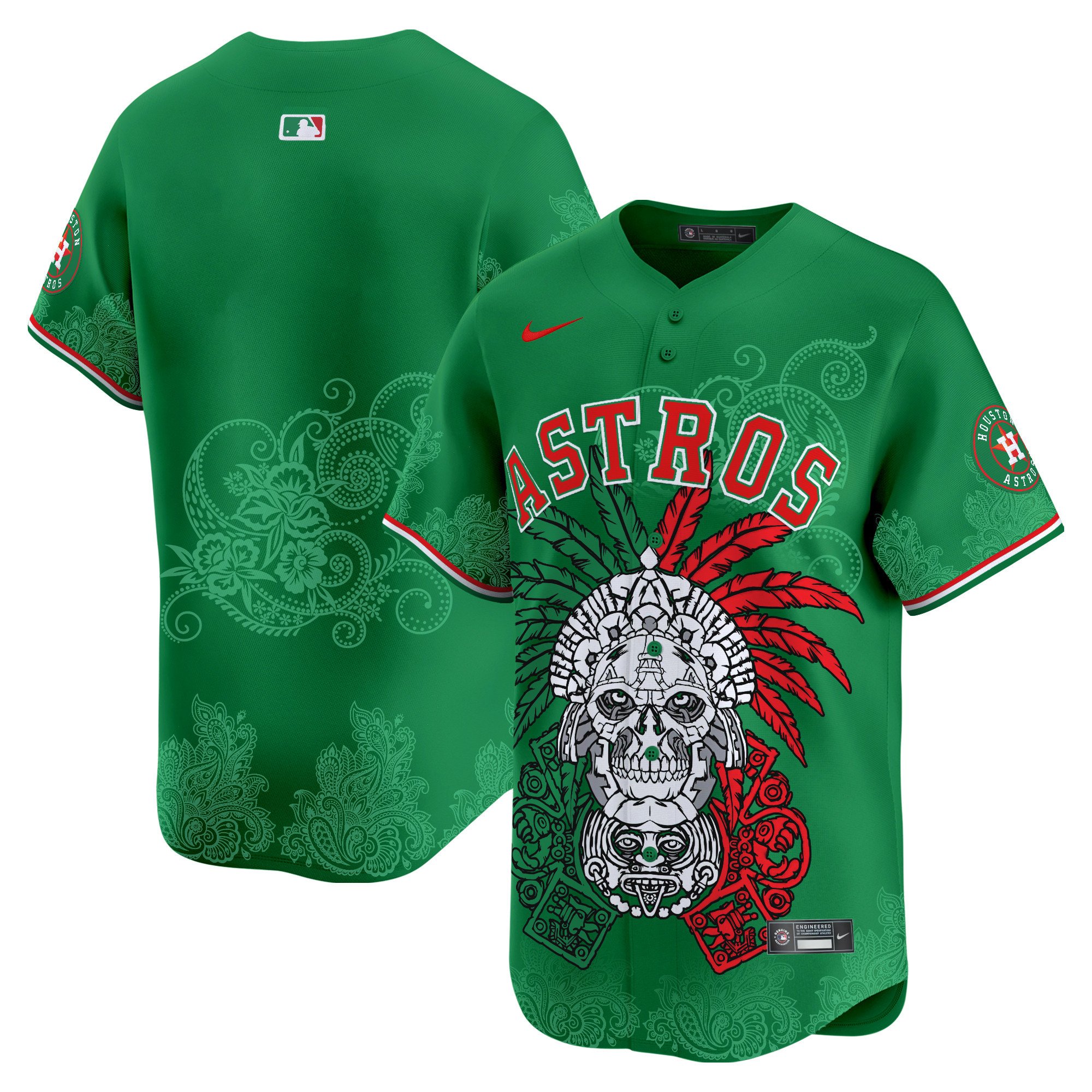 Men's Houston Astros Aztec Warrior Skull Vapor Premier Limited Green Jersey V2 - Printed