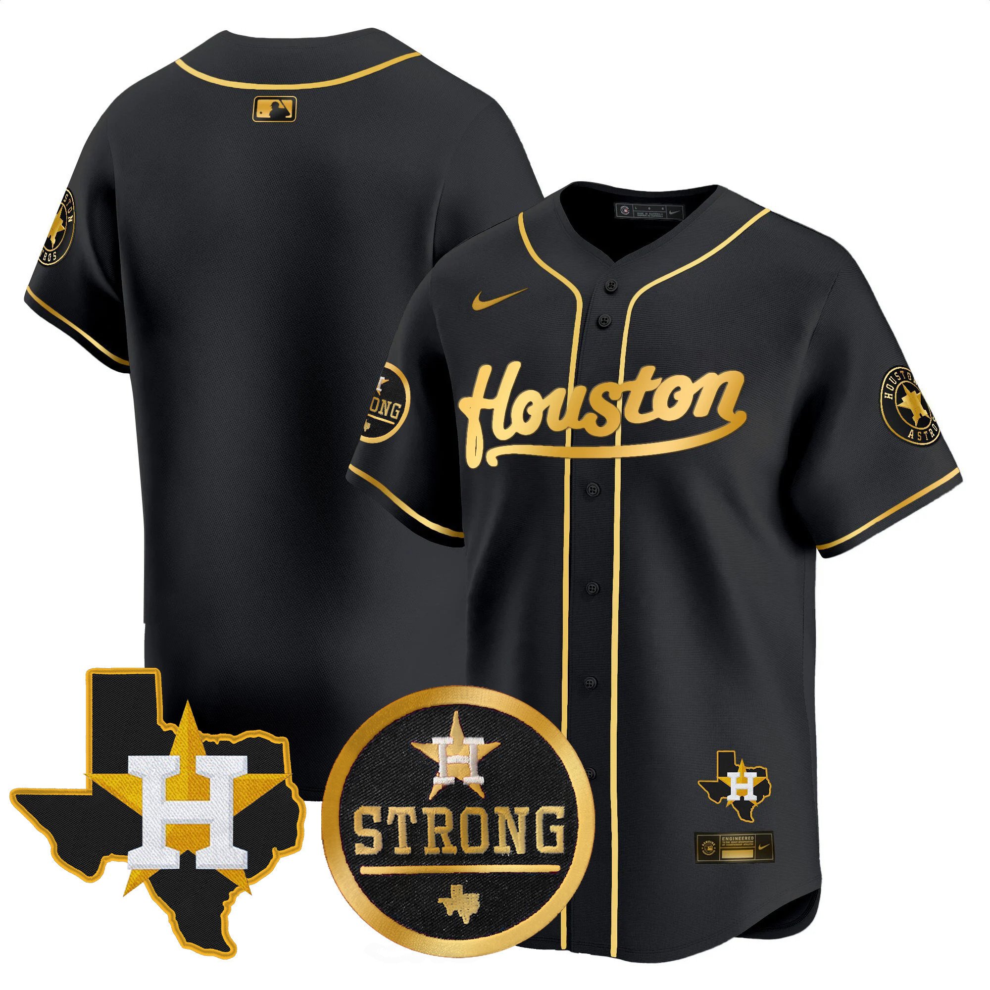 Men's Houston Astros "Houston Strong" Patch Vapor Premier Limited Black Gold Jersey - All Stitched