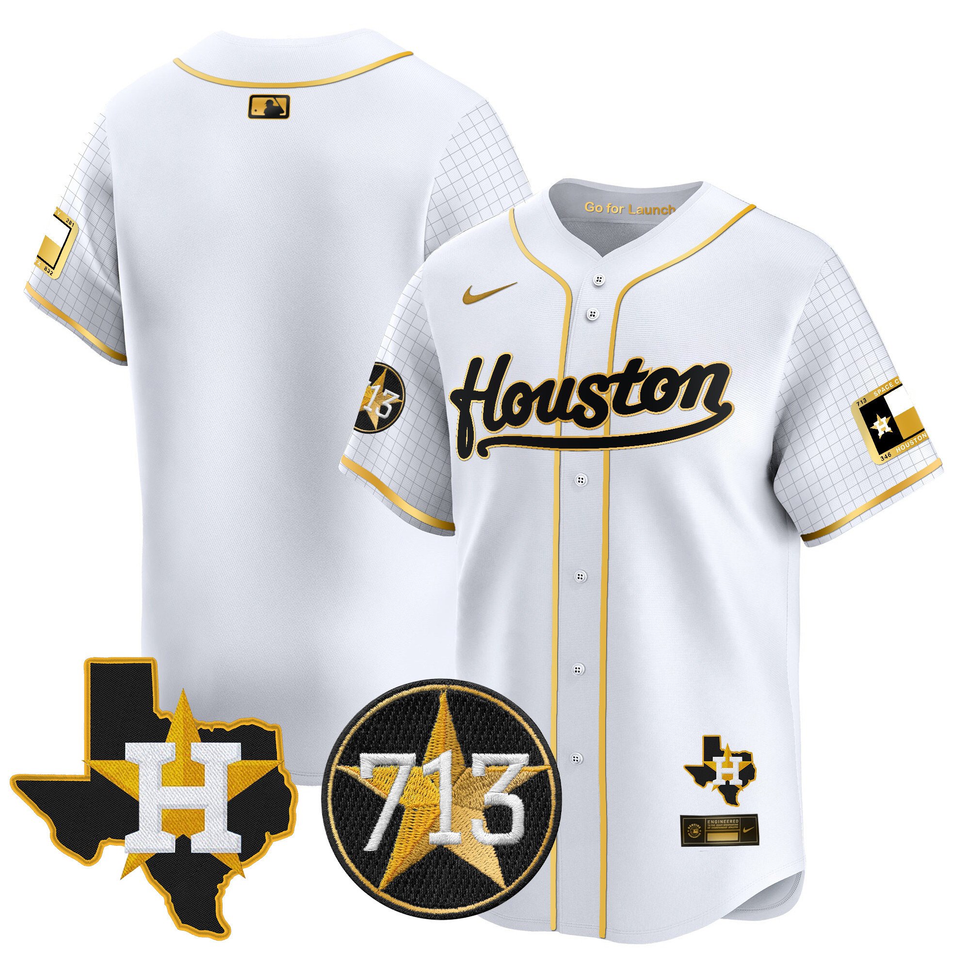 Men's Houston Astros Space City 713 Patch Vapor Premier Limited White Gold Jersey - All Stitched