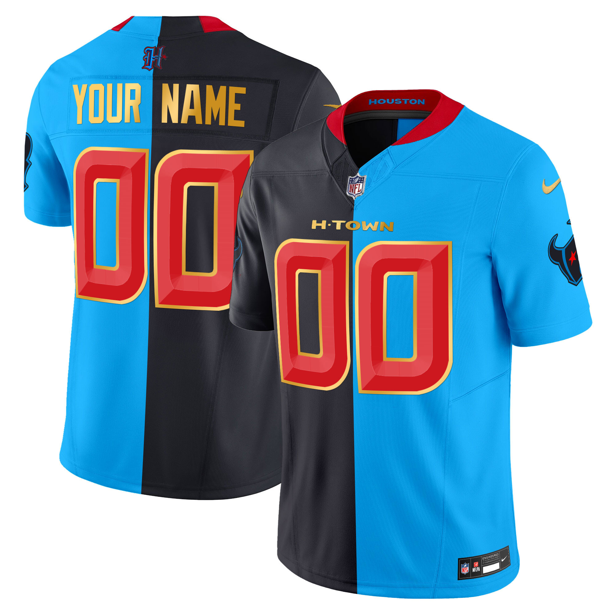 Men's Houston Texans 2024 Gold Trim Vapor Limited Custom Split Jersey - All Stitched