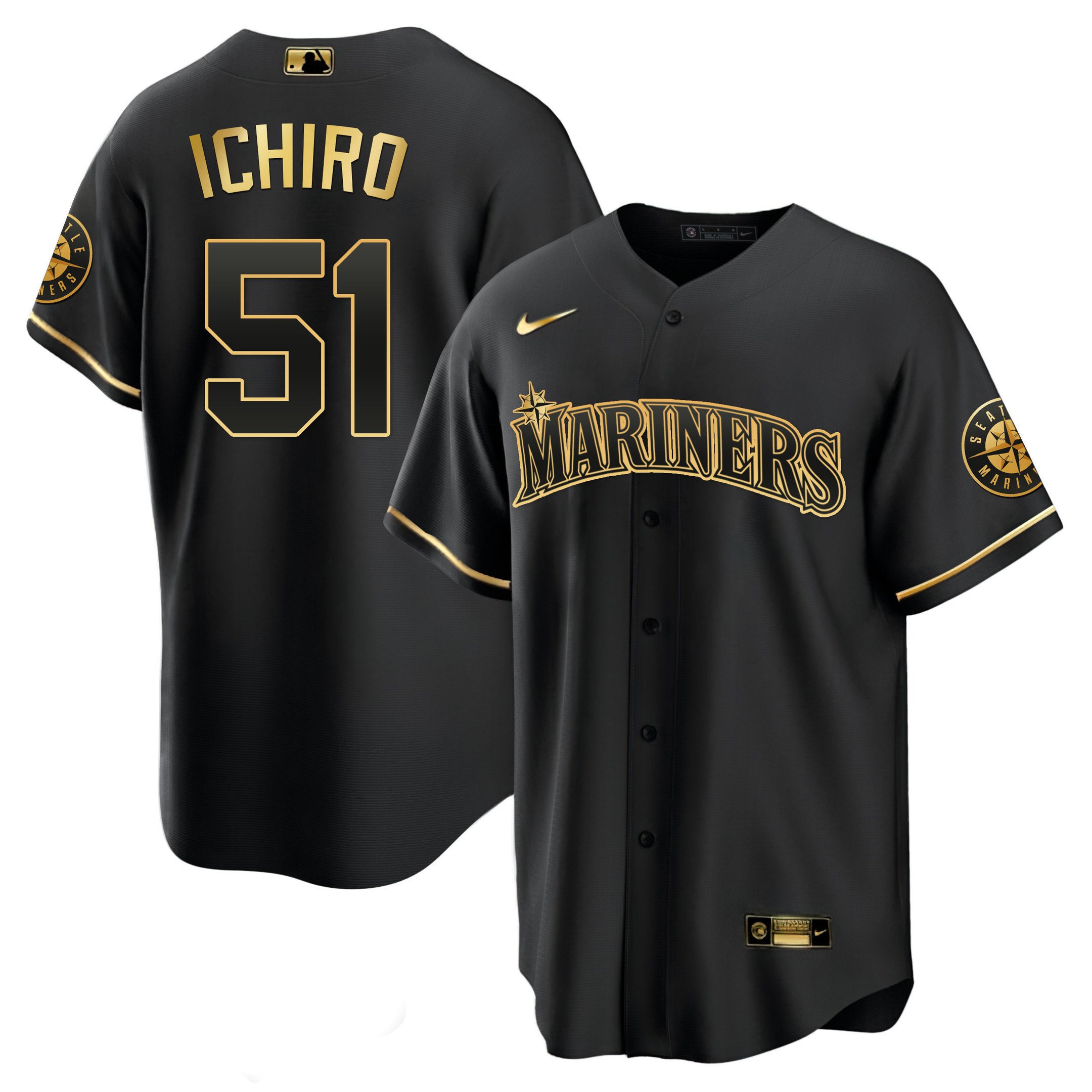 Men's Ichiro Suzuki Seattle Mariners White Gold & Black Gold Cool Black Jersey - All Stitched
