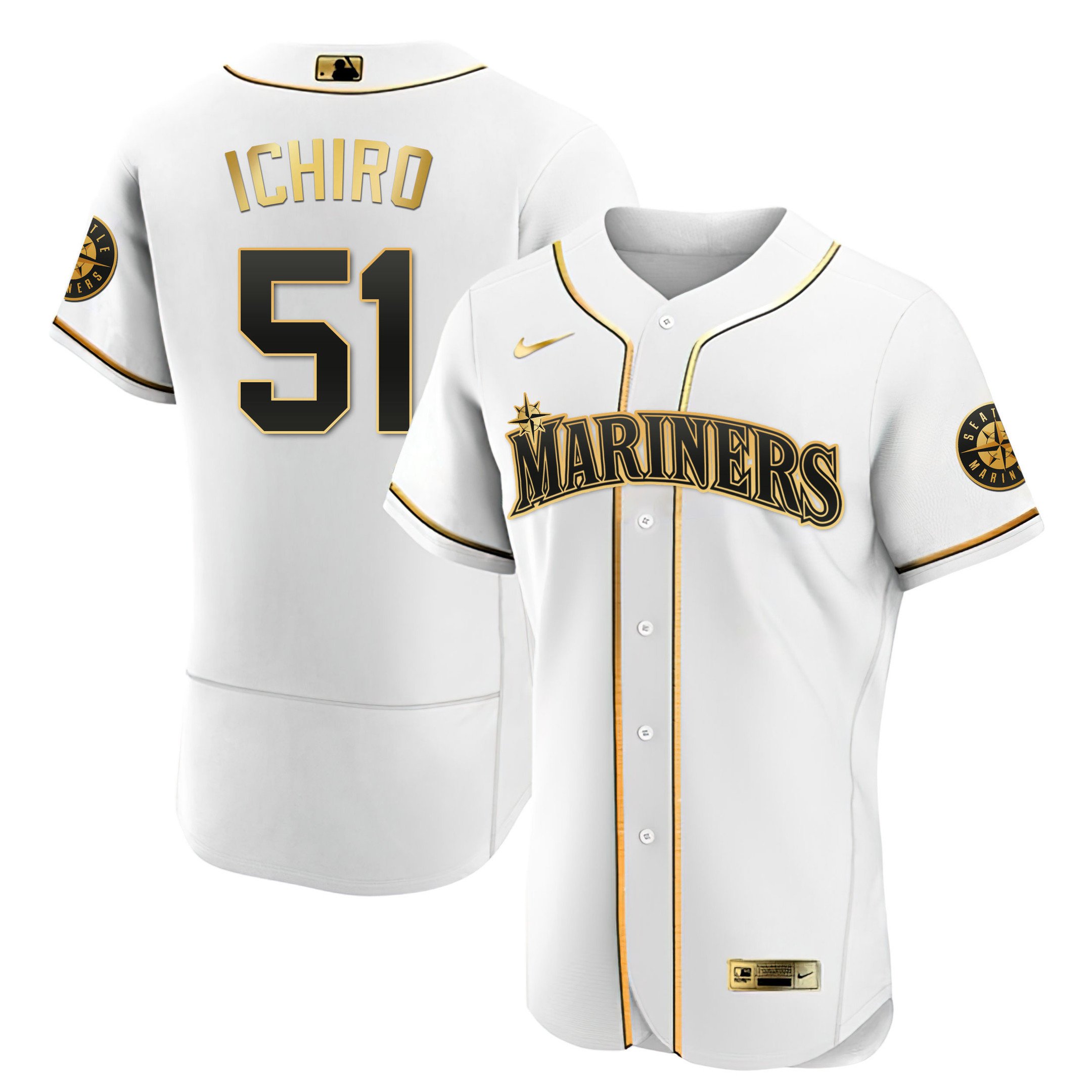 Men's Ichiro Suzuki Seattle Mariners White Gold & Black Gold Flex White Jersey - All Stitched