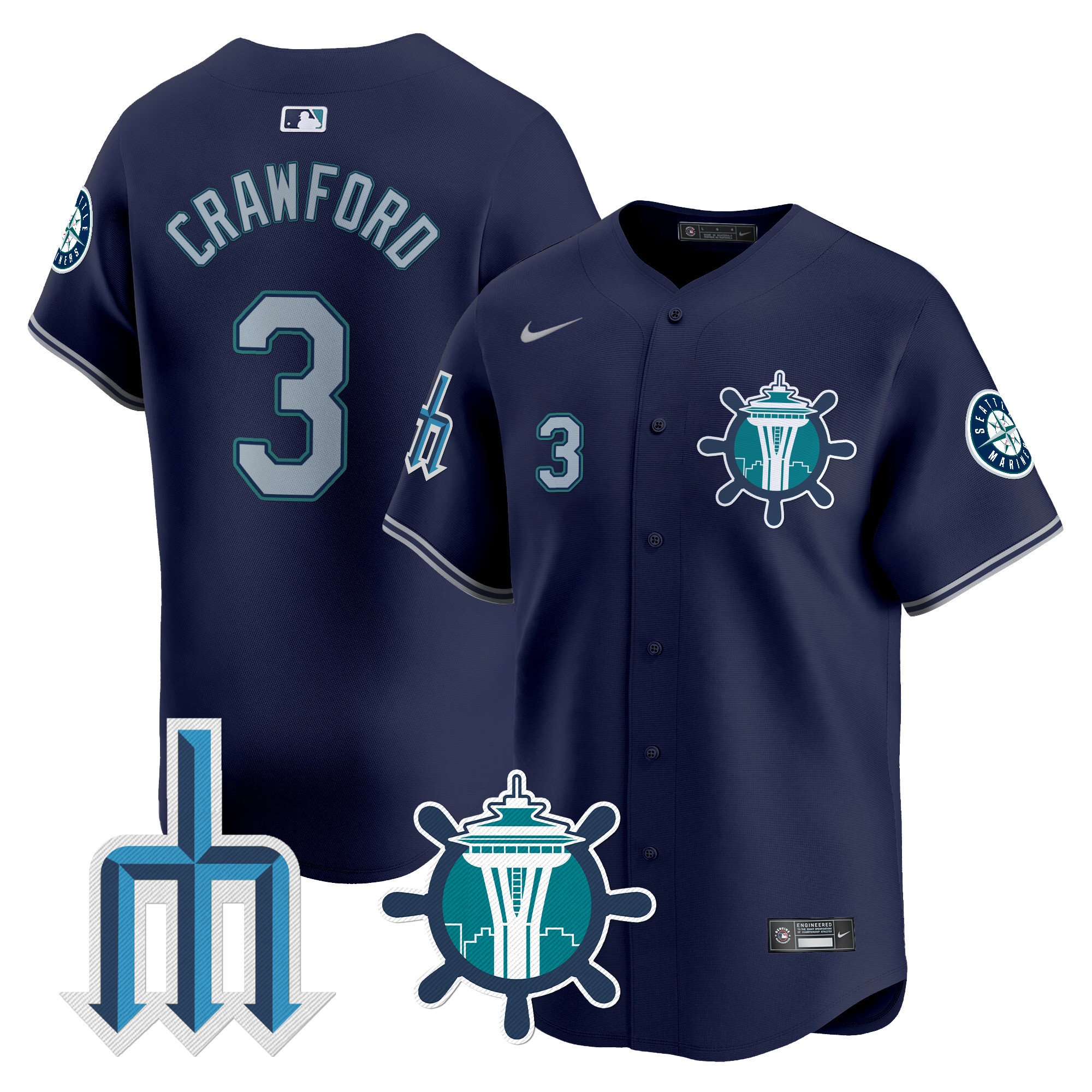 Men's J. P. Crawford Seattle Mariners Trident Patch Vapor Premier Limited Navy Jersey - All Stitched