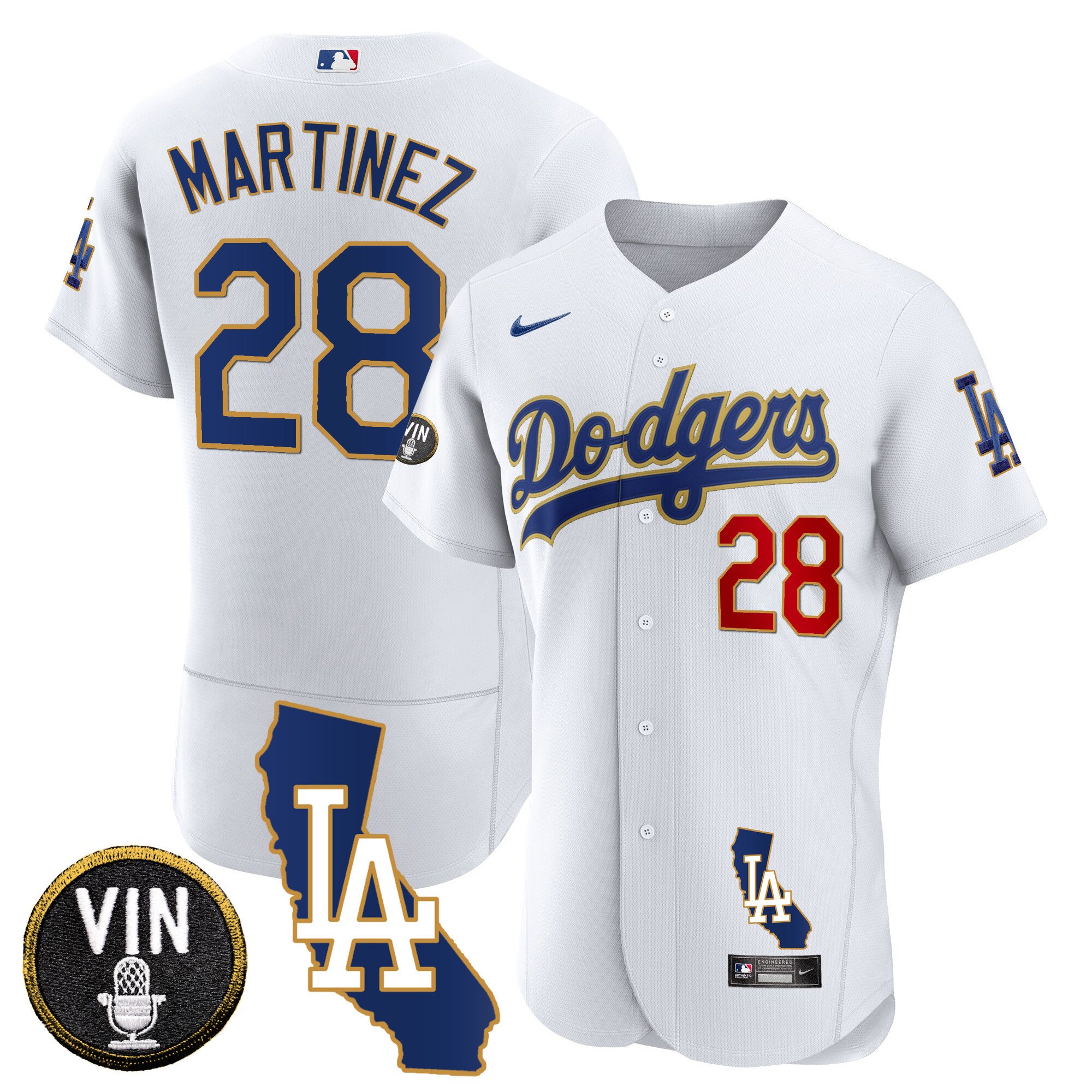 Men's J.D. Martinez Los Angeles Dodgers California Patch Gold Trim Flex Base White Jersey - All Stitched