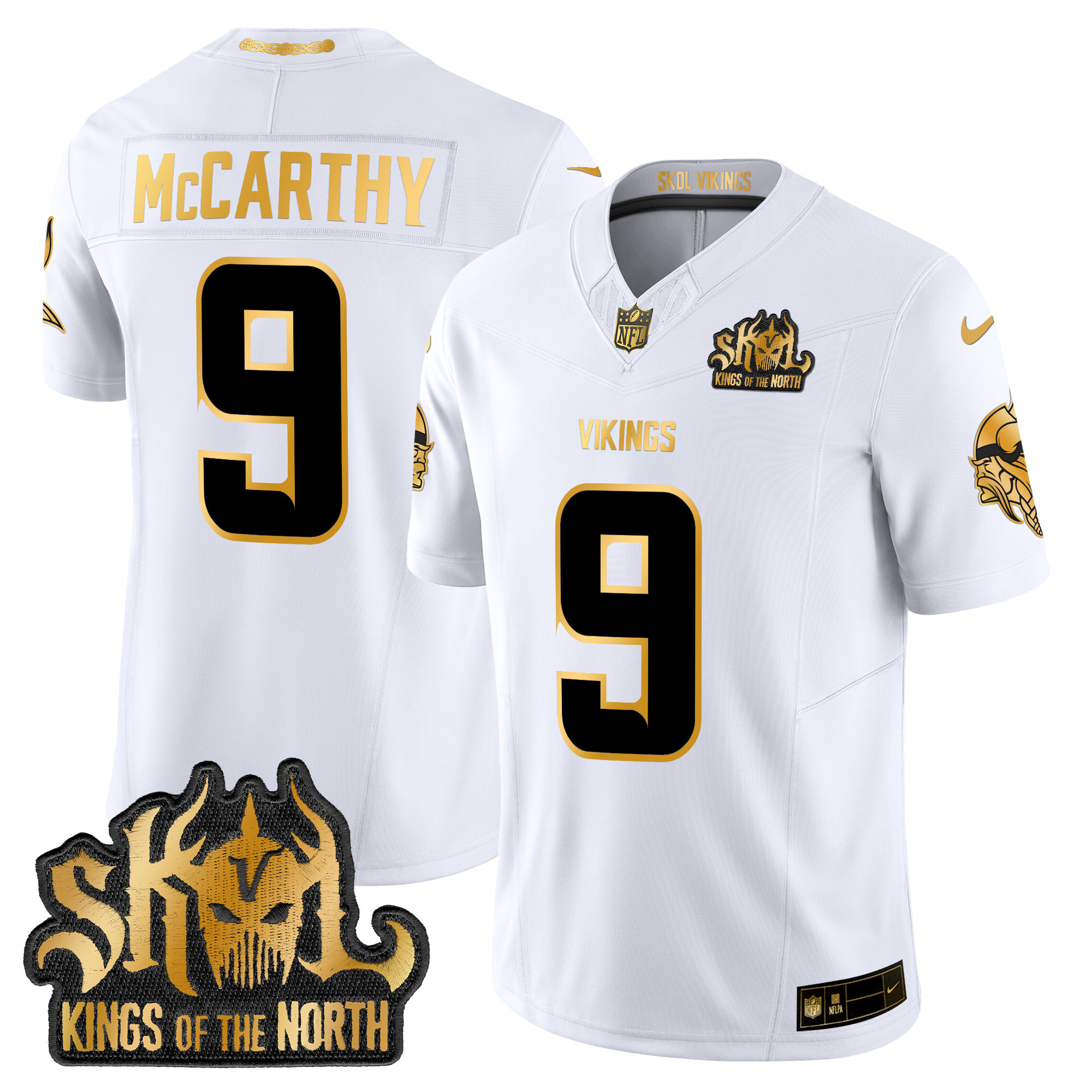 Men's J.J. McCarthy Minnesota Vikings 2024 Winter Warrior Skol Patch Gold Vapor Limited White Gold Jersey - All Stitched