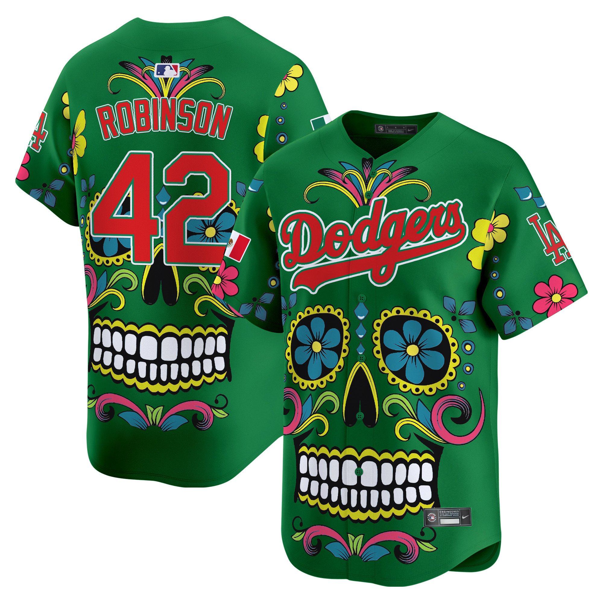 Men's Jackie Robinson Los Angeles Dodgers Mexico Sugar Skull Vapor Premier Limited Green Jersey - Printed