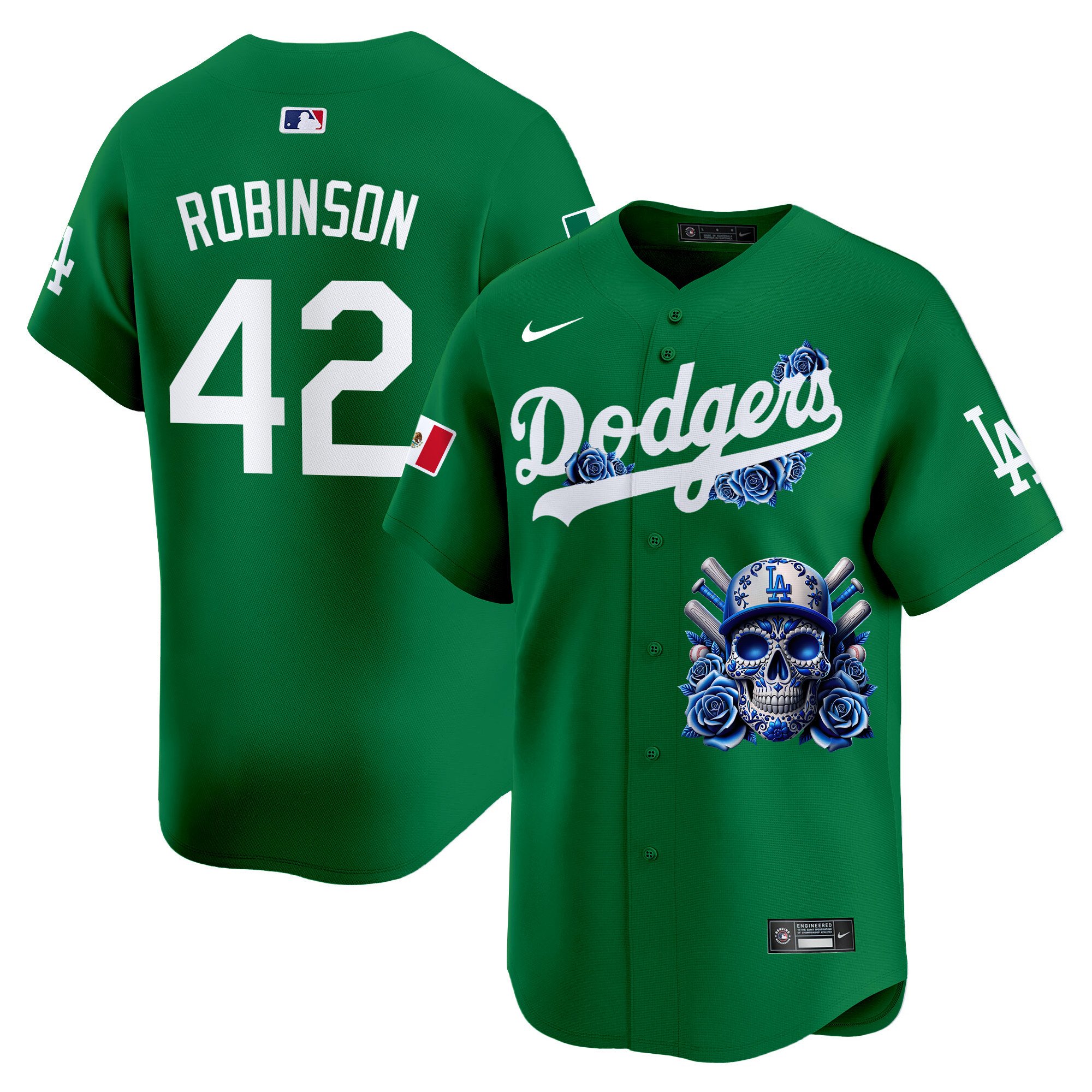 Men's Jackie Robinson Los Angeles Dodgers Skull Vapor Premier Limited Green Jersey V2 - Printed