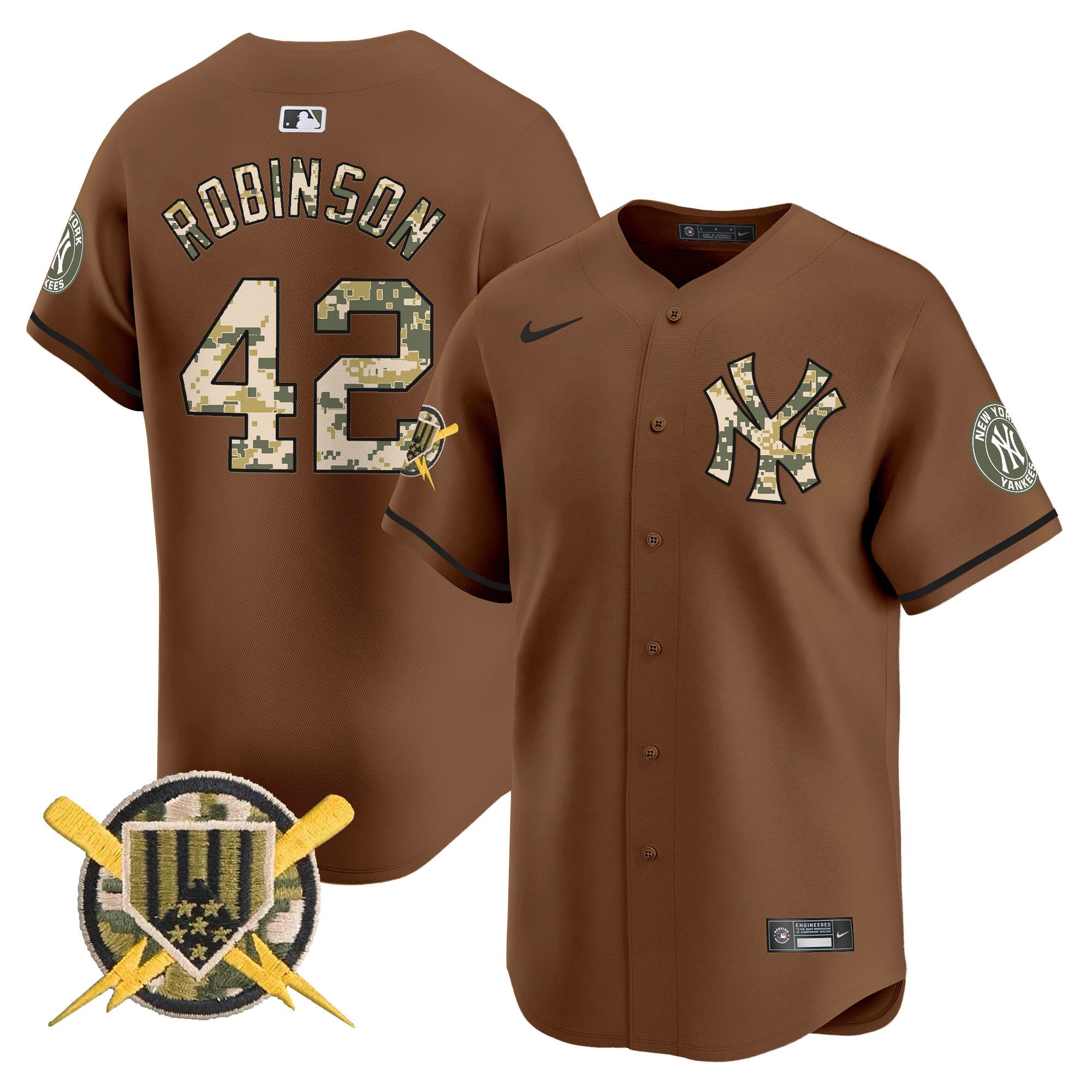 Men's Jackie Robinson New York Yankees Armed Forces Day Vapor Premier Limited Brown Jersey - All Stitched
