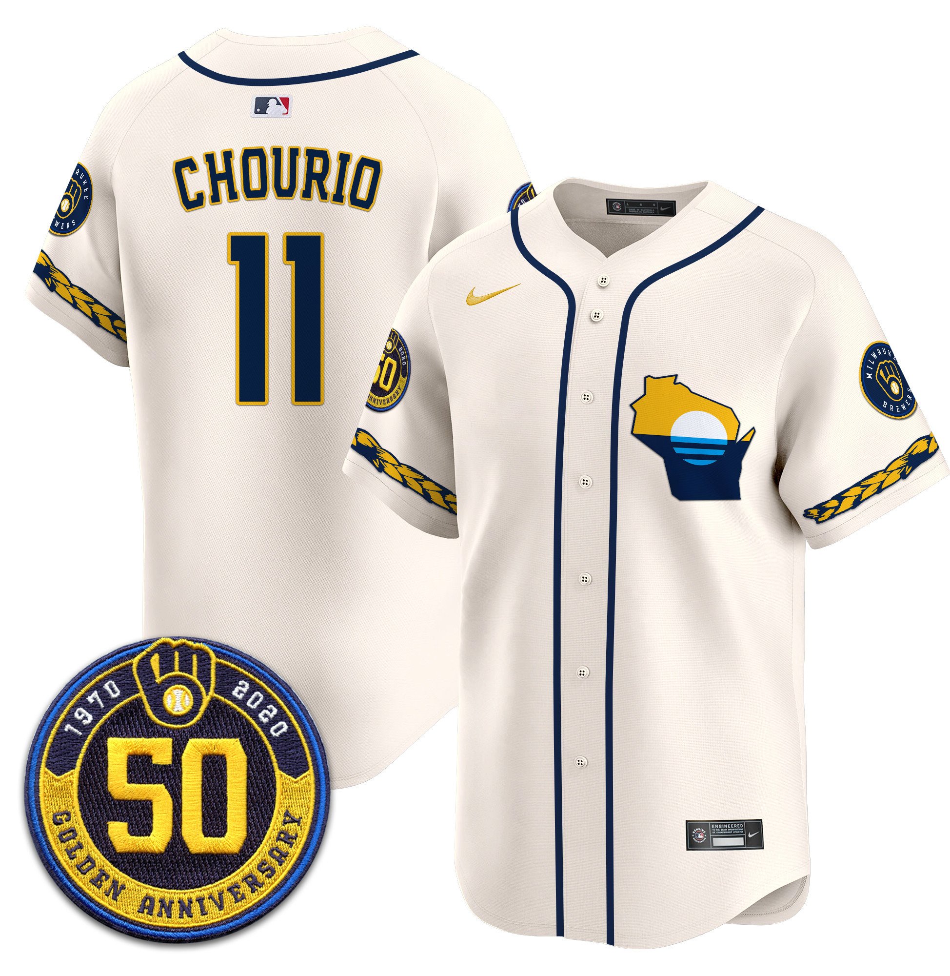 Men's Jackson Chourio Milwaukee Brewers Golden 50th Anniversary Patch Vapor Premier Limited Cream Jersey - All Stitched