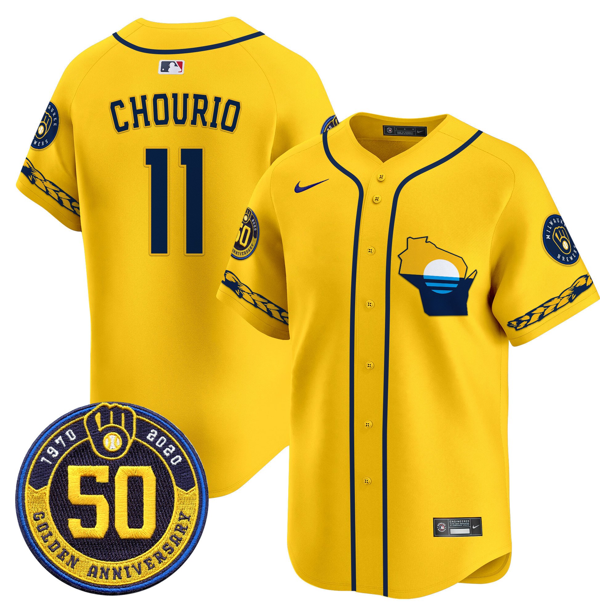 Men's Jackson Chourio Milwaukee Brewers Golden 50th Anniversary Patch Vapor Premier Limited Gold Jersey - All Stitched