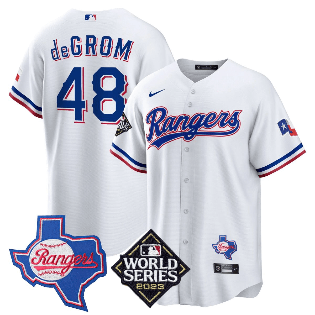 Men's Jacob DeGrom Texas Rangers 2023 World Series & Texas State Patch Cool Base Gold White Jersey V2 Ã± All Stitched