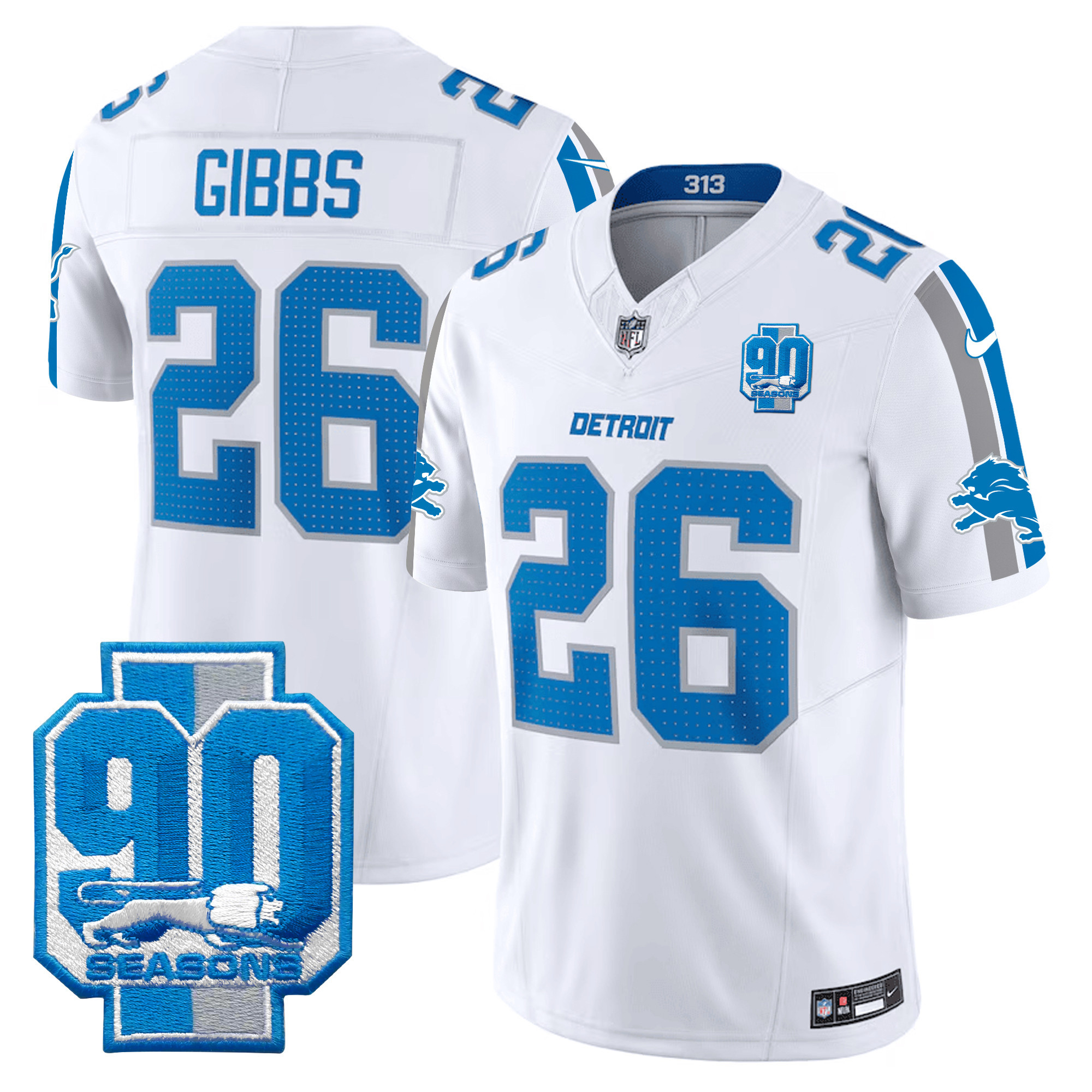 Men's Jahmyr Gibbs Detroit Lions 90th Year Patch Vapor Limited White Jersey - All Stitched